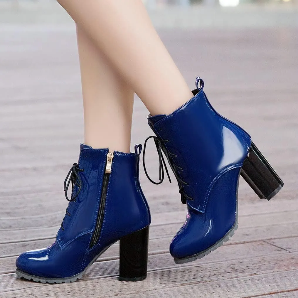 Meefit Women's Patent Leather Ankle Boots Lace Up Chunky Heel Booties With Zipper