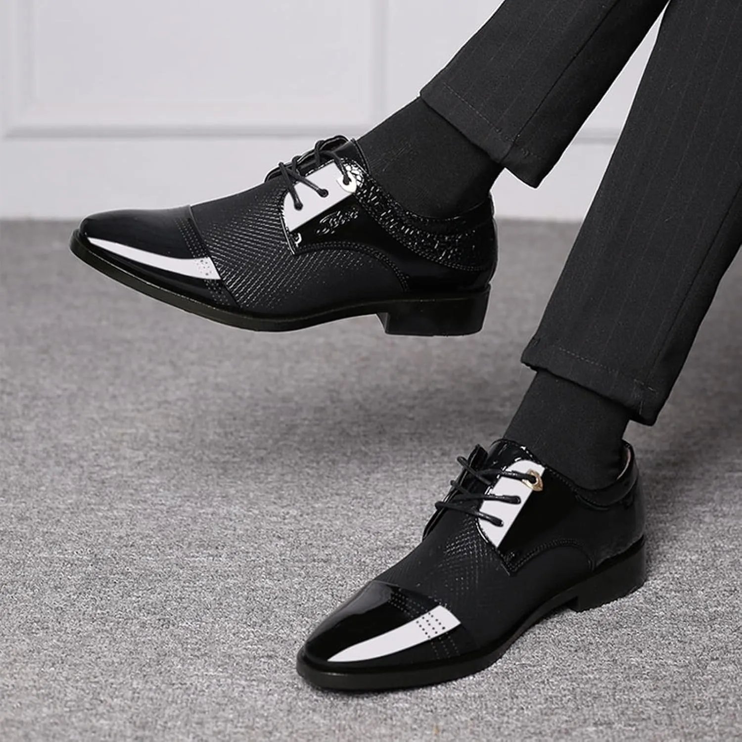 Mens Business Casual Shoes Wide Width Men Breathable Business Formal Casual Pointed Toe Shiny Lace Up Patchwork Leather Shoes Men's Dress Shoes Brown Casual