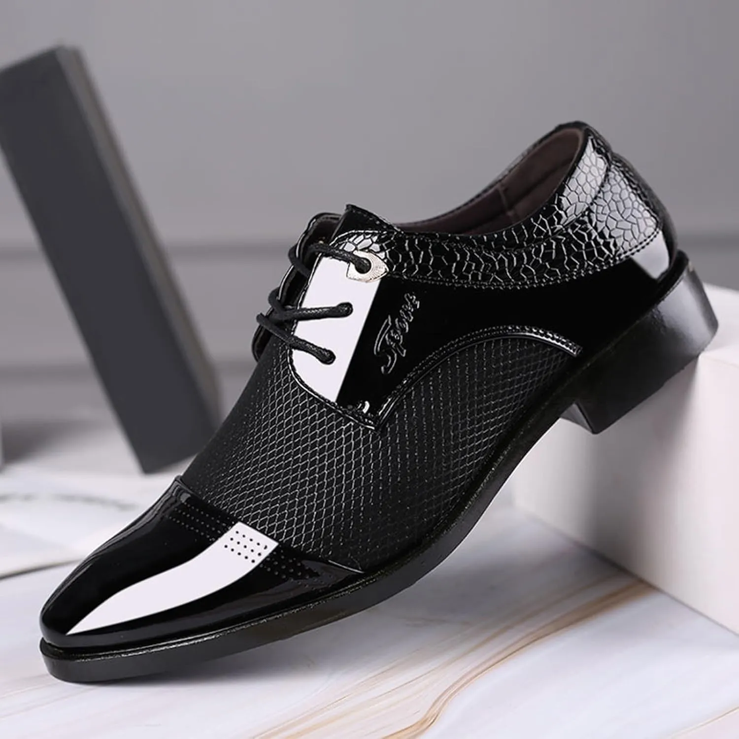 Mens Business Casual Shoes Wide Width Men Breathable Business Formal Casual Pointed Toe Shiny Lace Up Patchwork Leather Shoes Men's Dress Shoes Brown Casual