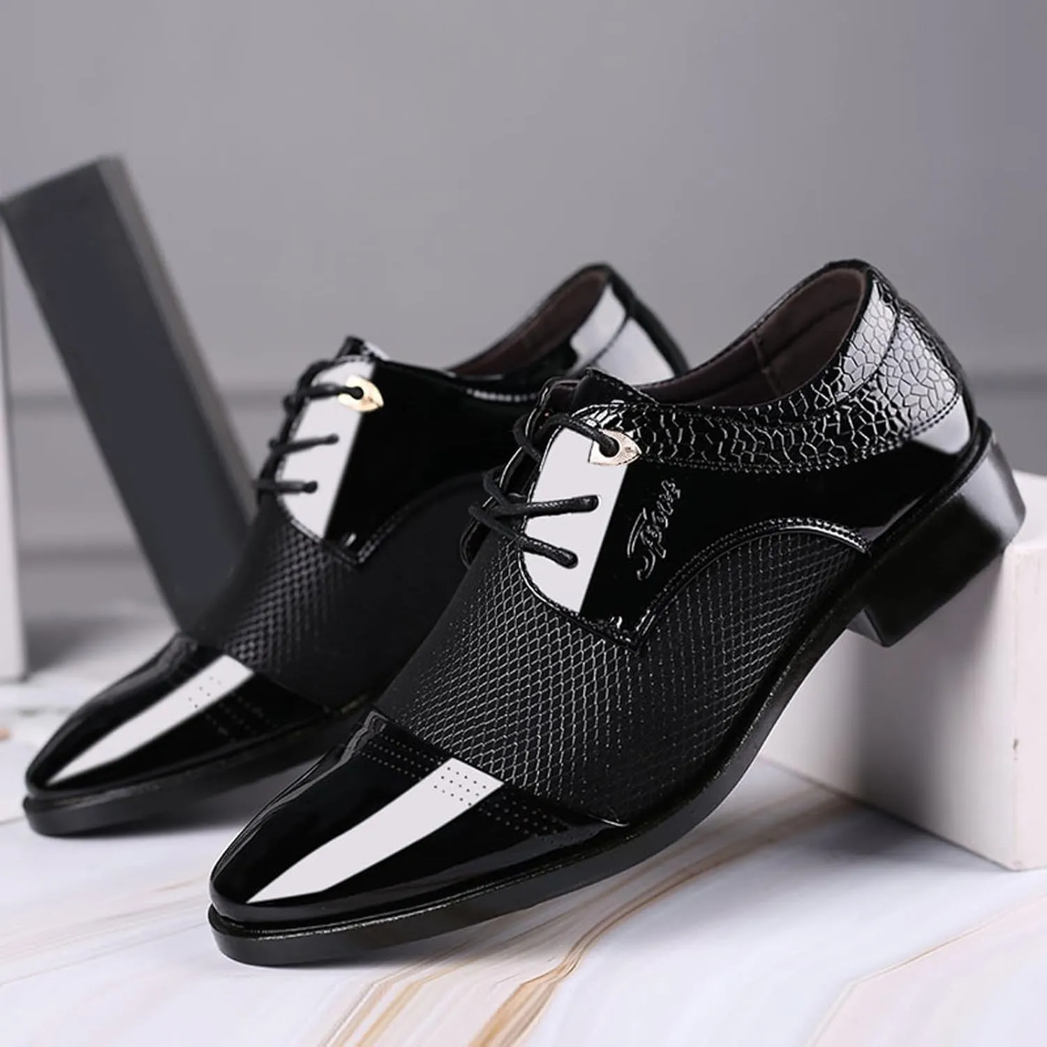 Mens Business Casual Shoes Wide Width Men Breathable Business Formal Casual Pointed Toe Shiny Lace Up Patchwork Leather Shoes Men's Dress Shoes Brown Casual