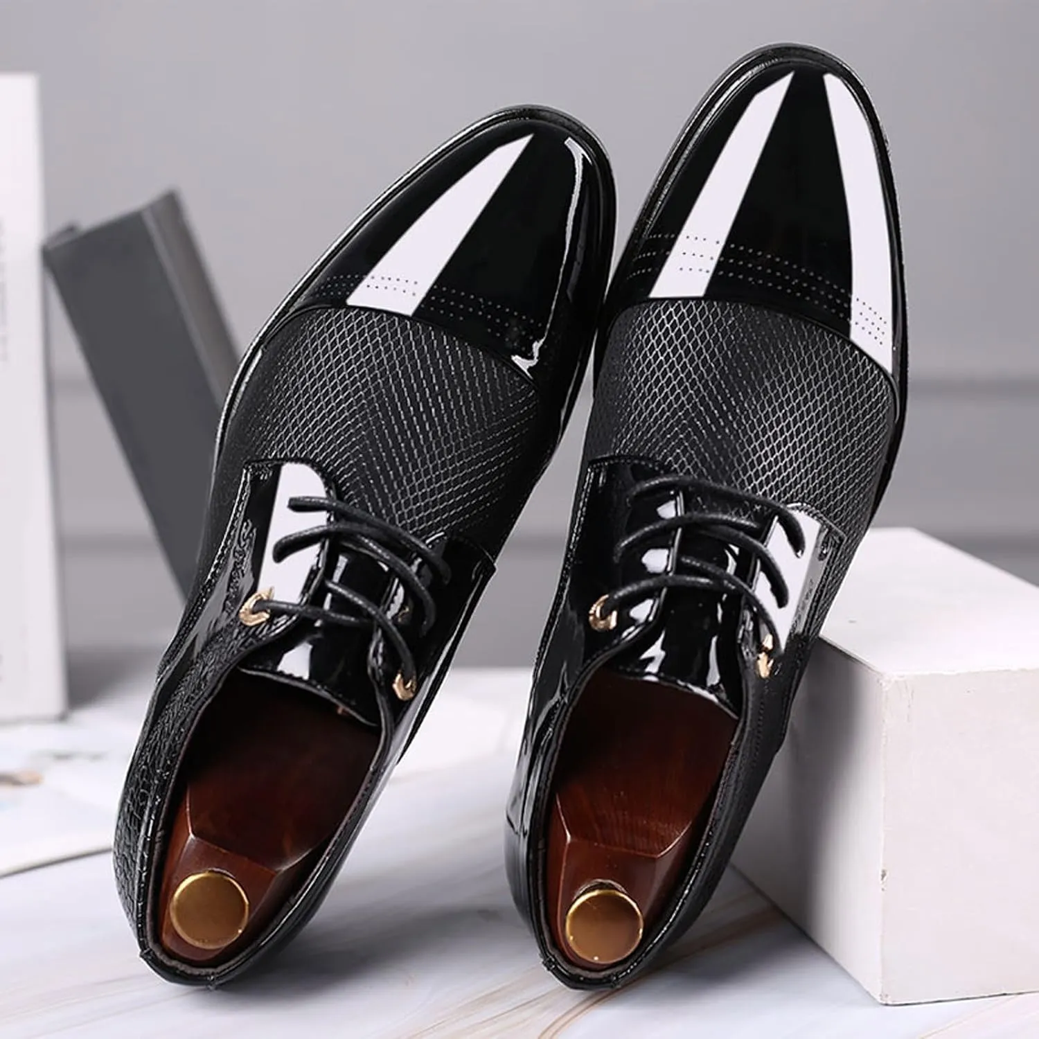 Mens Business Casual Shoes Wide Width Men Breathable Business Formal Casual Pointed Toe Shiny Lace Up Patchwork Leather Shoes Men's Dress Shoes Brown Casual