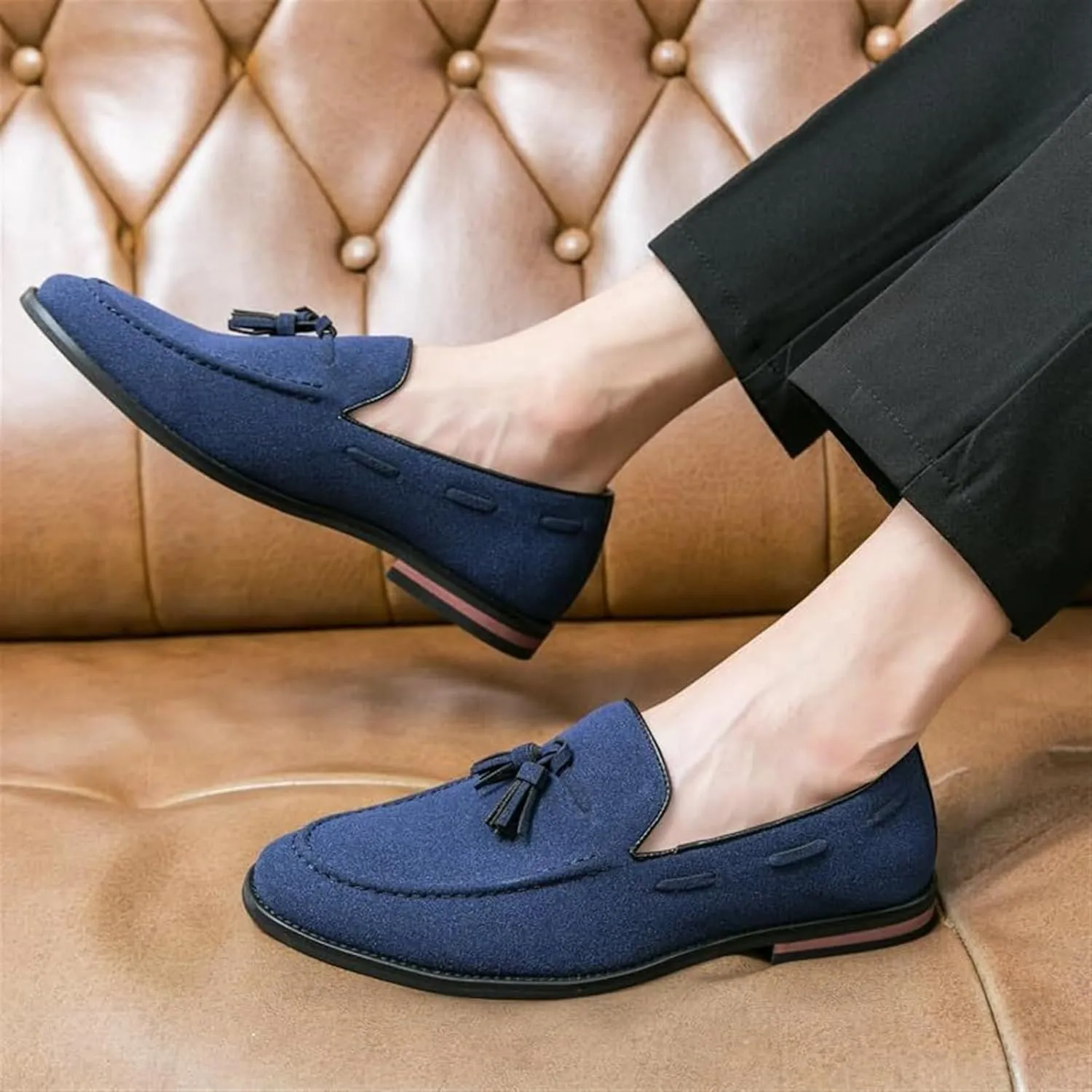Men's Casual Tassel Loafers Slip On Driving Shoes Fashion Lightweight Shoes Hand-Sewn Suede Penny Loafers Shoes Business Chunky Heel Dress Shoes Outdoor Walking Office Work Shoes for Men