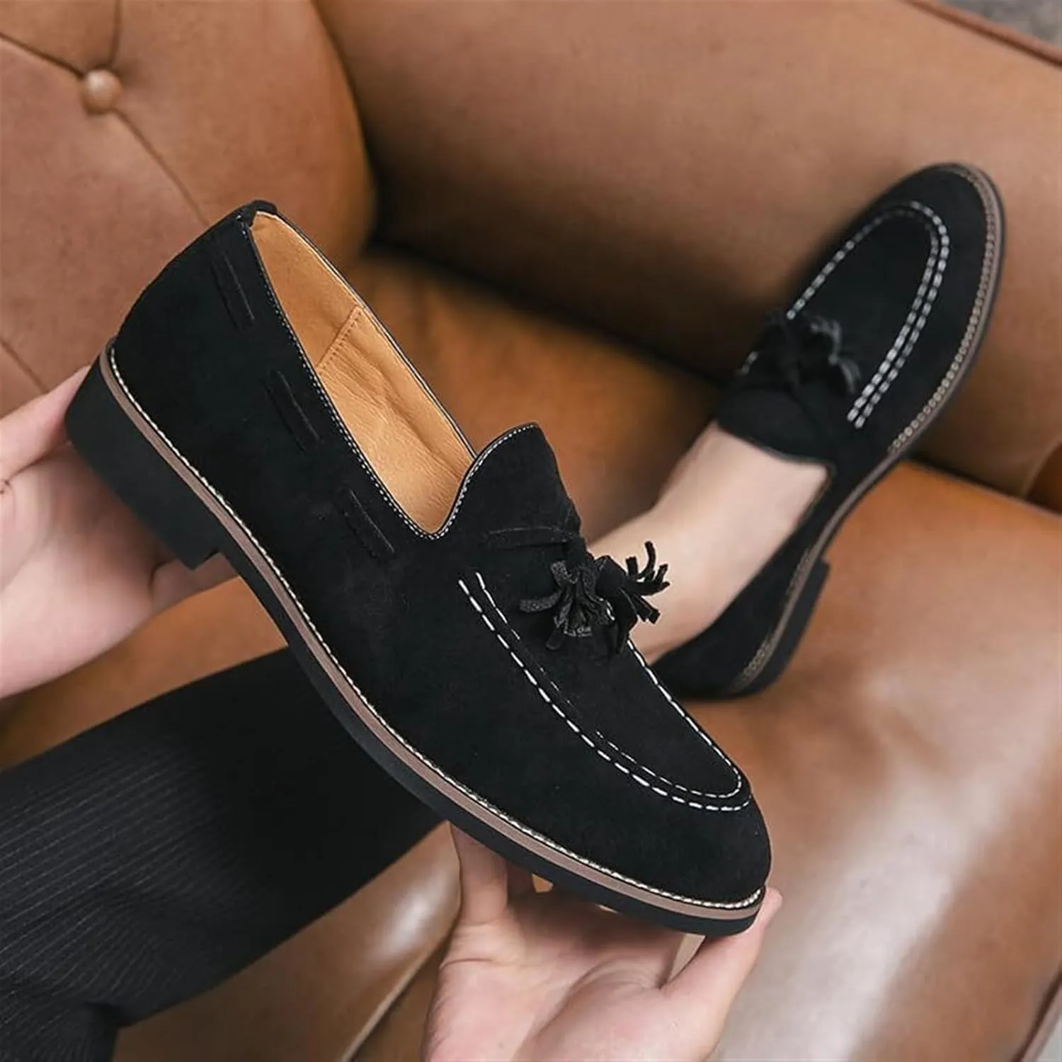 Men's Casual Tassel Loafers Slip On Driving Shoes Fashion Lightweight Shoes Hand-Sewn Suede Penny Loafers Shoes Business Dress Shoes for Men