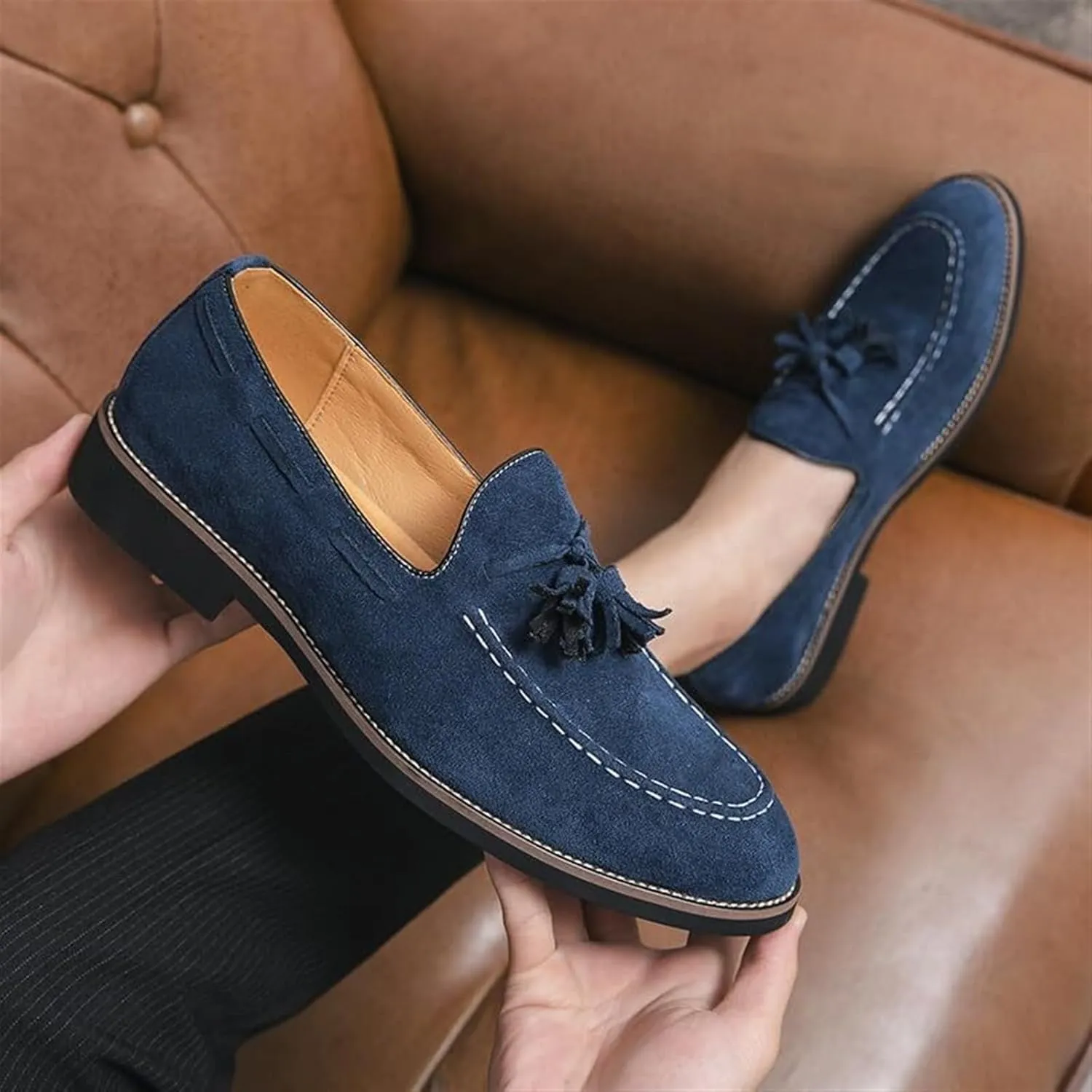 Men's Casual Tassel Loafers Slip On Driving Shoes Fashion Lightweight Shoes Hand-Sewn Suede Penny Loafers Shoes Business Dress Shoes for Men