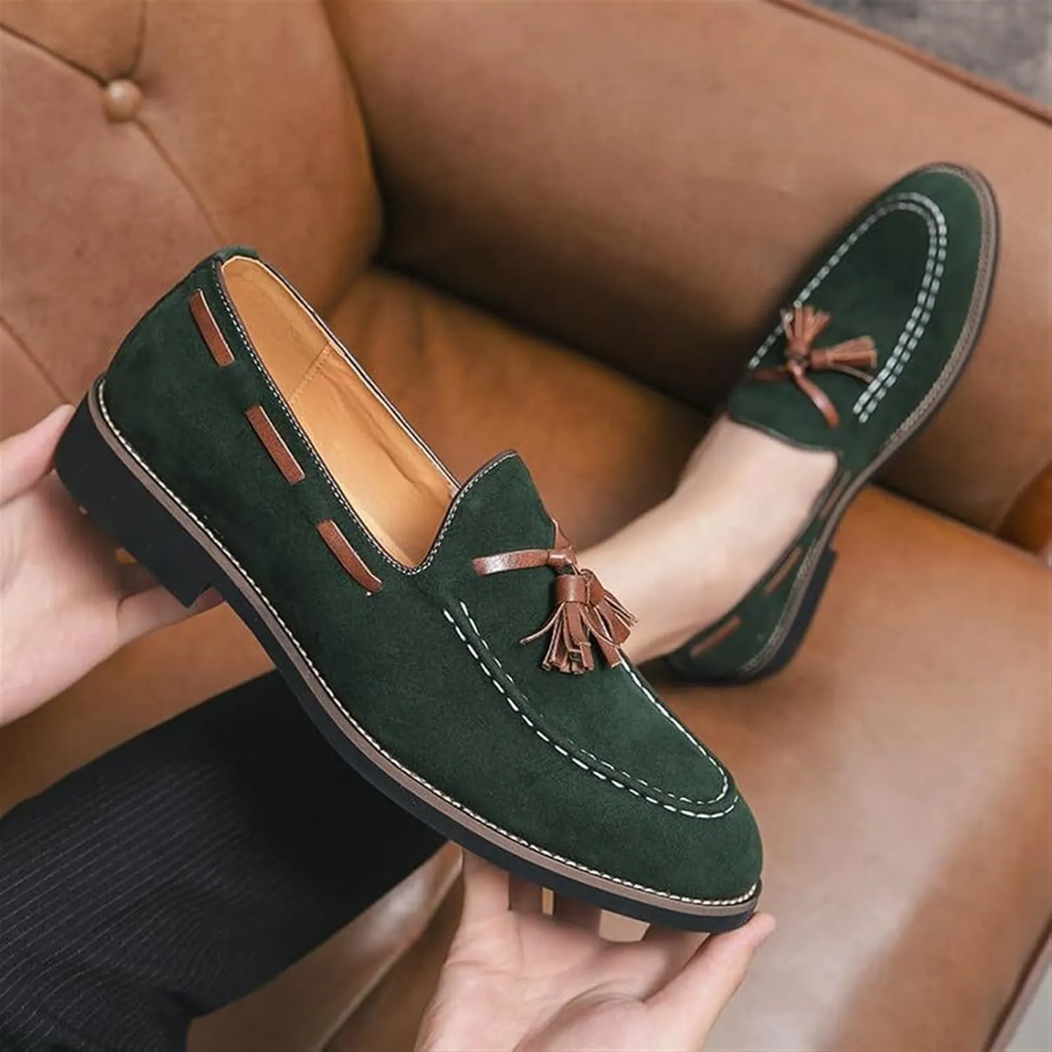 Men's Casual Tassel Loafers Slip On Driving Shoes Fashion Lightweight Shoes Hand-Sewn Suede Penny Loafers Shoes Business Dress Shoes for Men