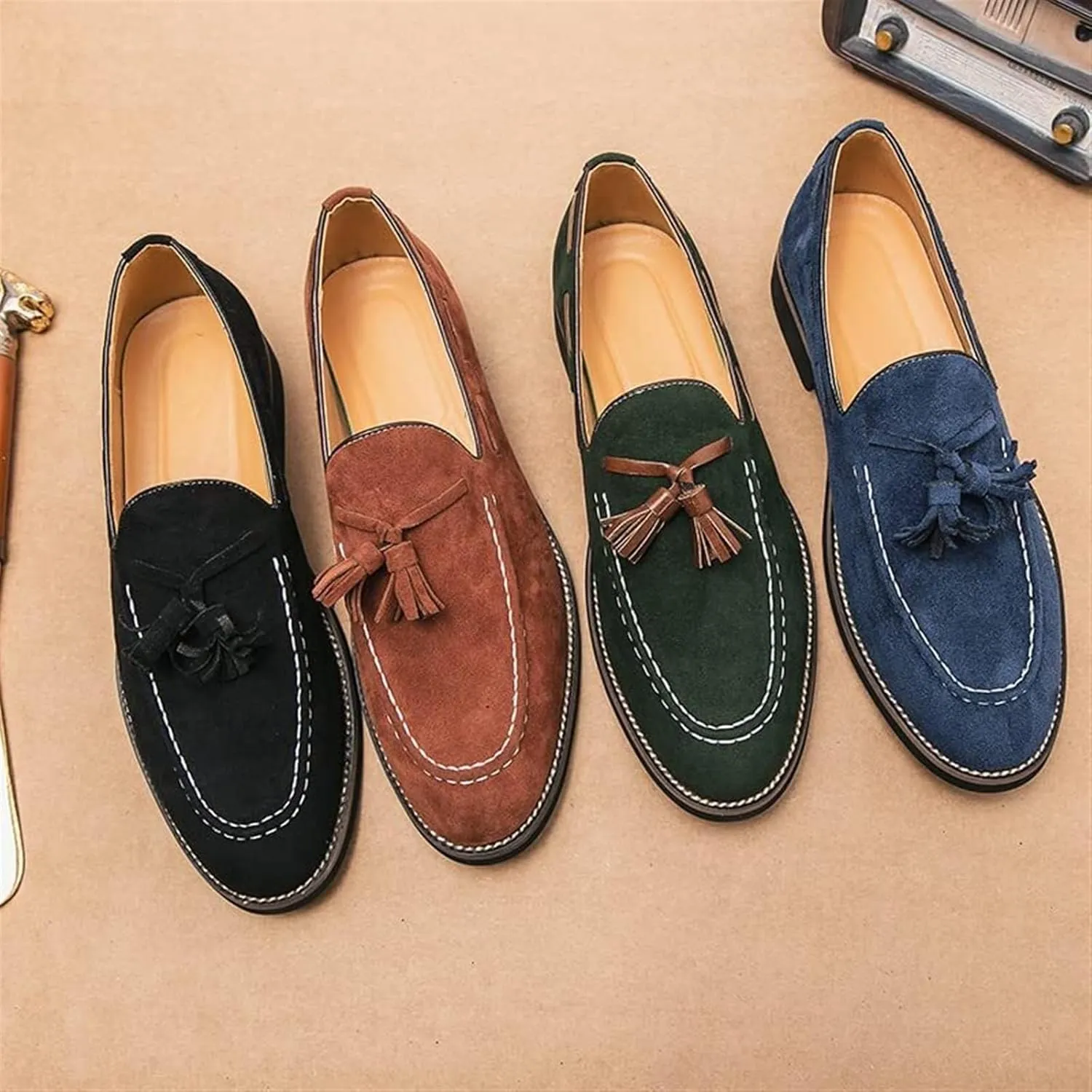 Men's Casual Tassel Loafers Slip On Driving Shoes Fashion Lightweight Shoes Hand-Sewn Suede Penny Loafers Shoes Business Dress Shoes for Men