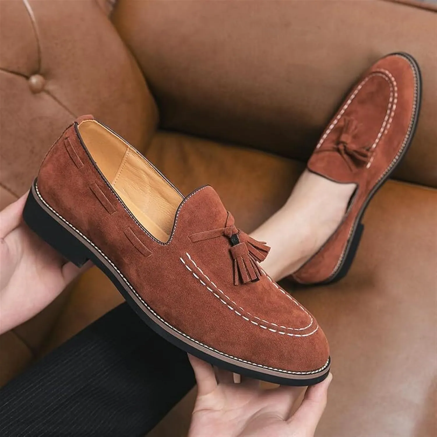 Men's Casual Tassel Loafers Slip On Driving Shoes Fashion Lightweight Shoes Hand-Sewn Suede Penny Loafers Shoes Business Dress Shoes for Men