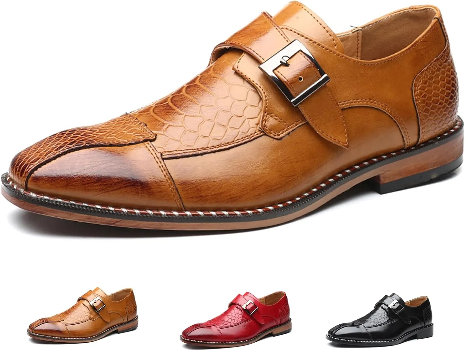 Men's Crocodile Print Hook & Loop Oxfords,Adjustable Metal Buckle Slip-On Pointy Leather Loafer Business Party Wedding Dress Shoes