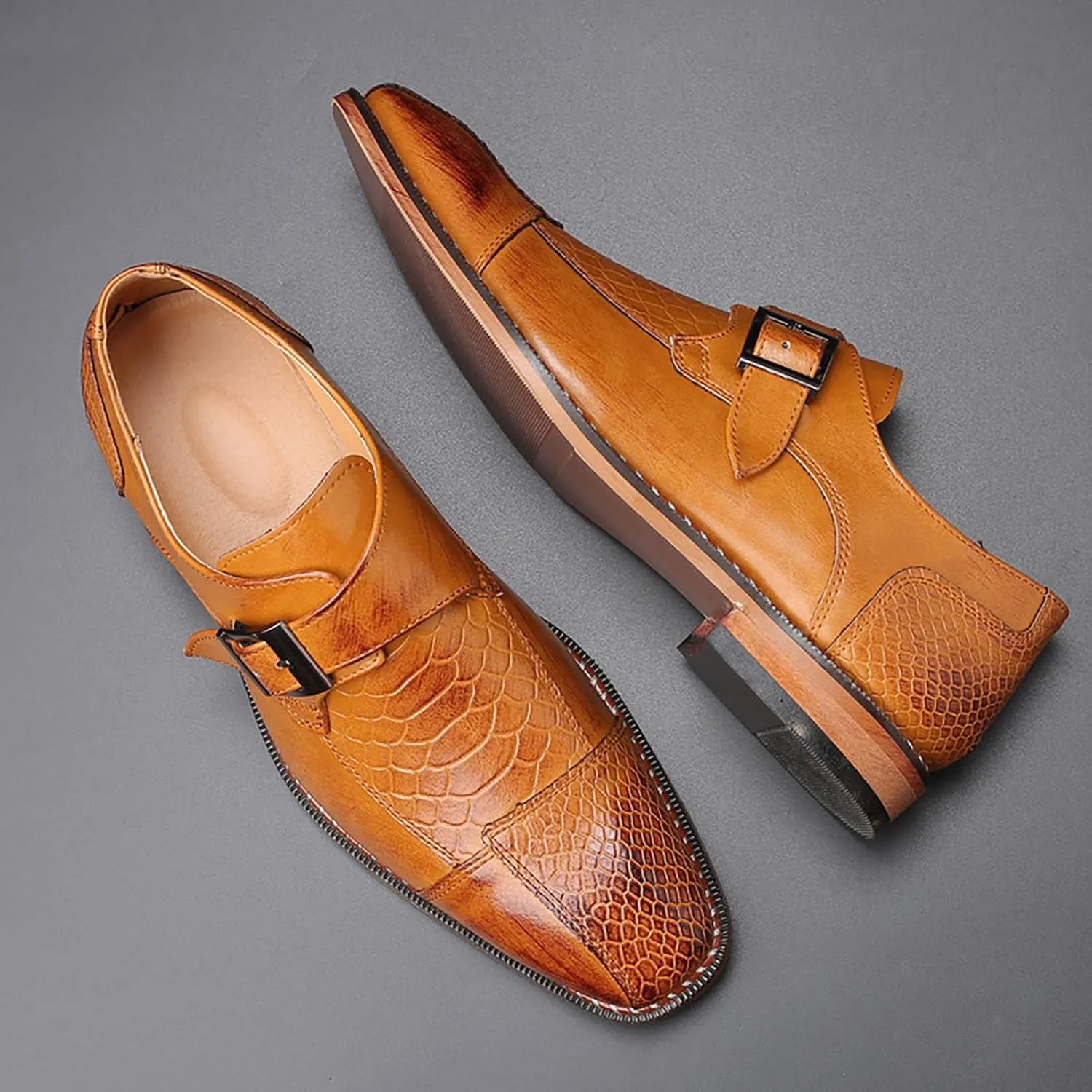 Men's Crocodile Print Hook & Loop Oxfords,Adjustable Metal Buckle Slip-On Pointy Leather Loafer Business Party Wedding Dress Shoes