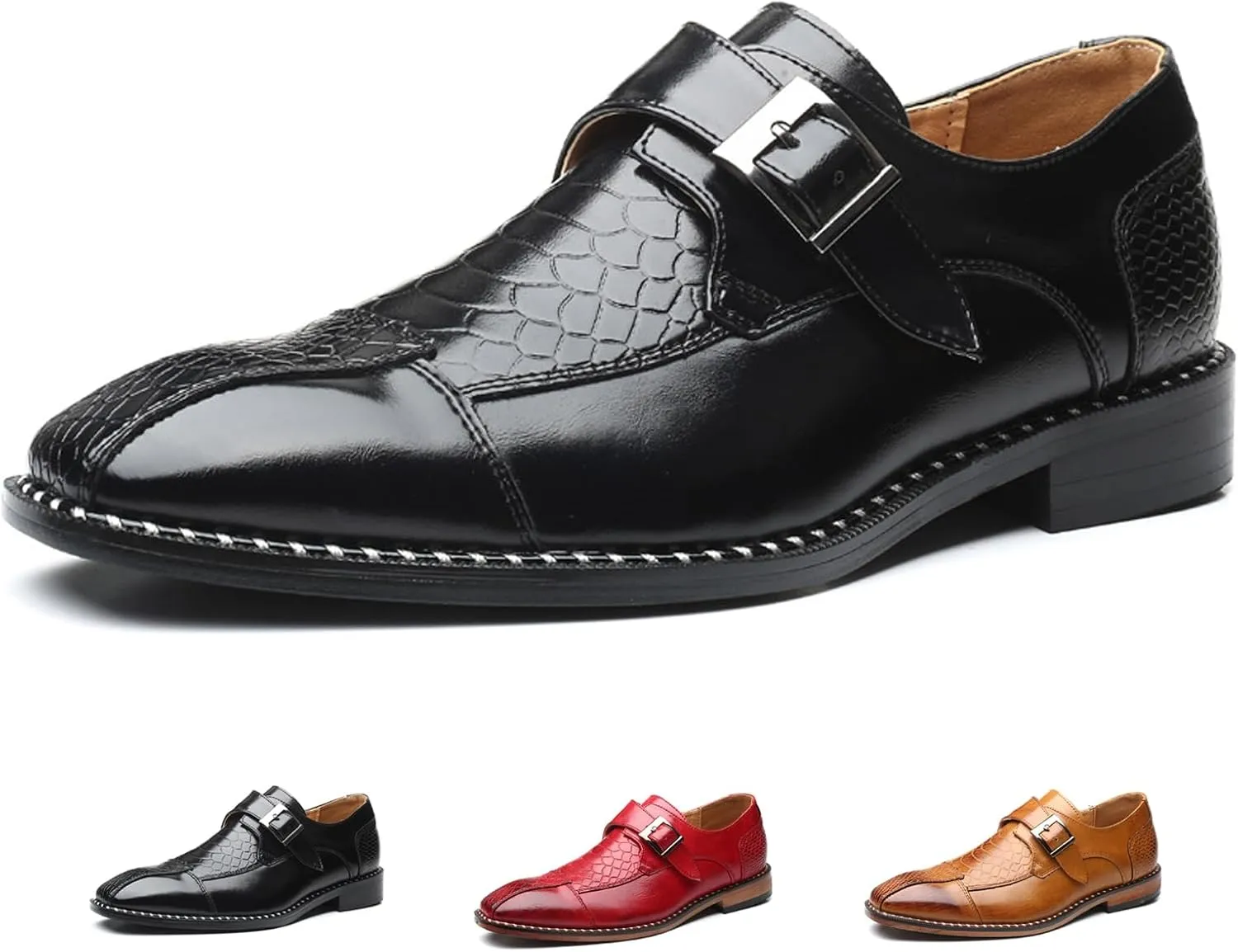 Men's Crocodile Print Hook & Loop Oxfords,Adjustable Metal Buckle Slip-On Pointy Leather Loafer Business Party Wedding Dress Shoes