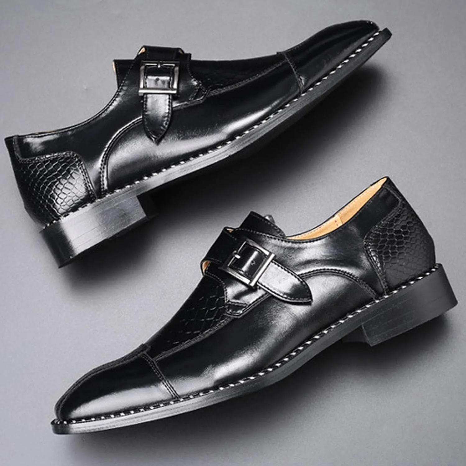 Men's Crocodile Print Hook & Loop Oxfords,Adjustable Metal Buckle Slip-On Pointy Leather Loafer Business Party Wedding Dress Shoes