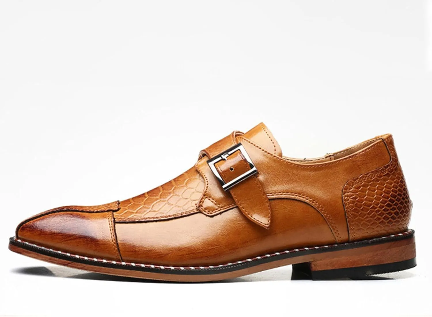 Men's Crocodile Print Hook & Loop Oxfords,Adjustable Metal Buckle Slip-On Pointy Leather Loafer Business Party Wedding Dress Shoes