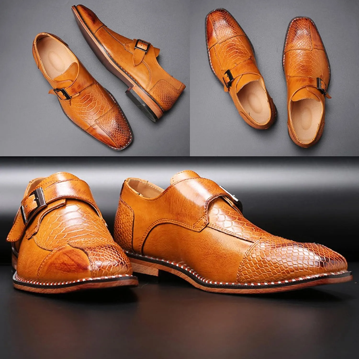 Men's Crocodile Print Hook & Loop Oxfords,Adjustable Metal Buckle Slip-On Pointy Leather Loafer Business Party Wedding Dress Shoes