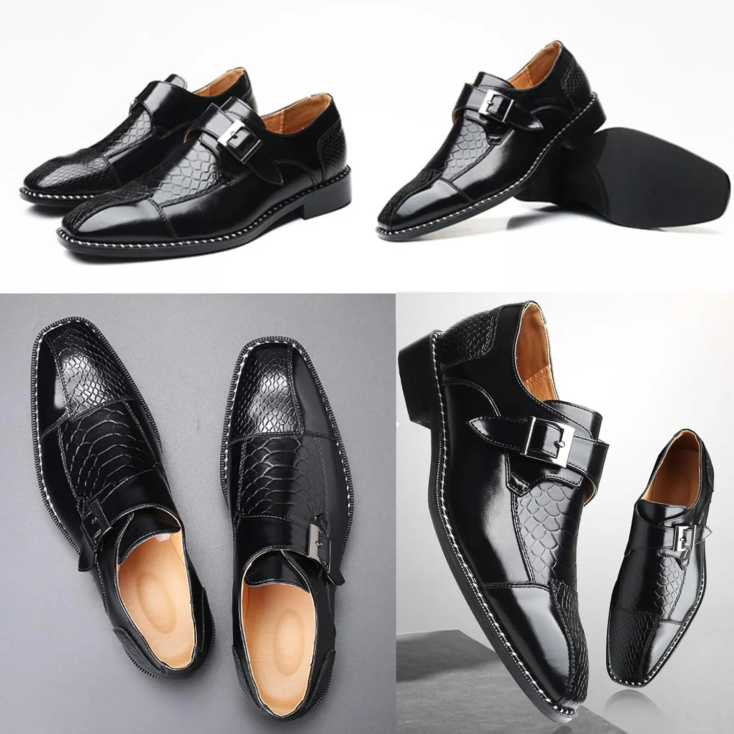 Men's Crocodile Print Hook & Loop Oxfords,Adjustable Metal Buckle Slip-On Pointy Leather Loafer Business Party Wedding Dress Shoes