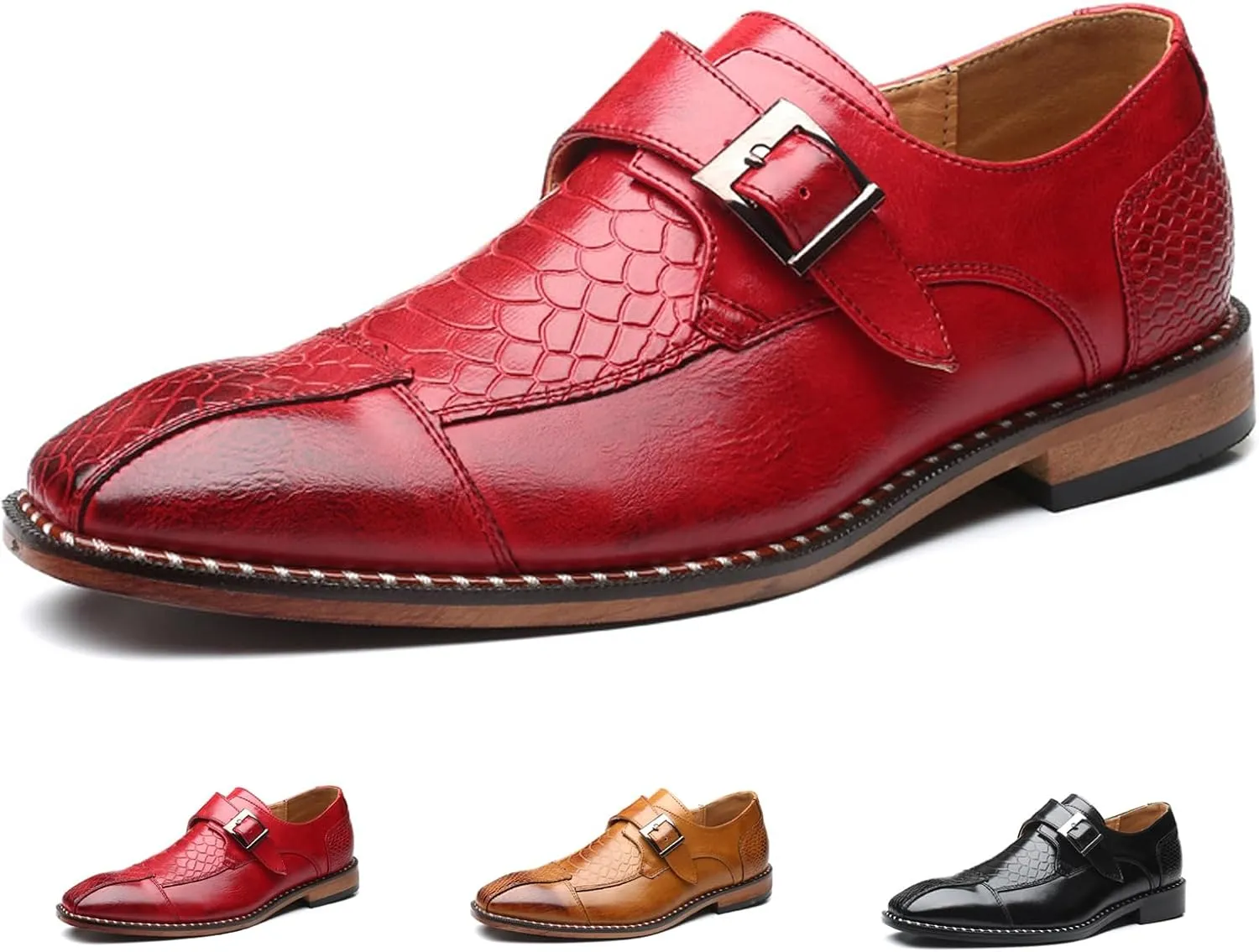 Men's Crocodile Print Hook & Loop Oxfords,Adjustable Metal Buckle Slip-On Pointy Leather Loafer Business Party Wedding Dress Shoes