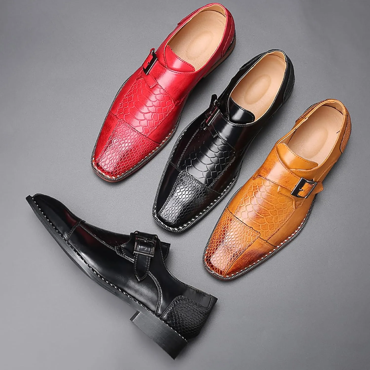 Men's Crocodile Print Hook & Loop Oxfords,Adjustable Metal Buckle Slip-On Pointy Leather Loafer Business Party Wedding Dress Shoes
