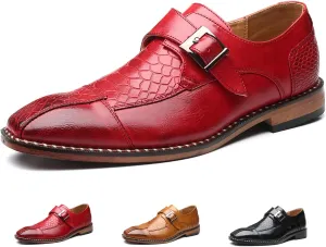 Men's Crocodile Print Hook & Loop Oxfords,Adjustable Metal Buckle Slip-On Pointy Leather Loafer Business Party Wedding Dress Shoes
