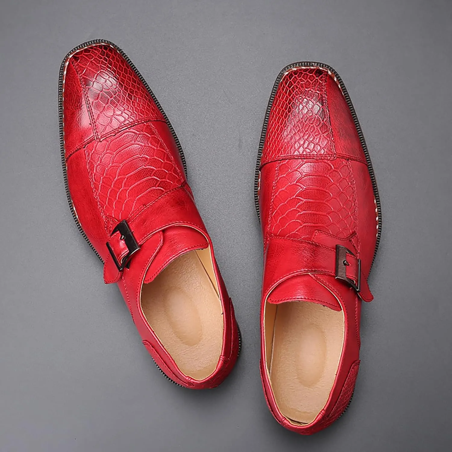 Men's Crocodile Print Hook & Loop Oxfords,Adjustable Metal Buckle Slip-On Pointy Leather Loafer Business Party Wedding Dress Shoes
