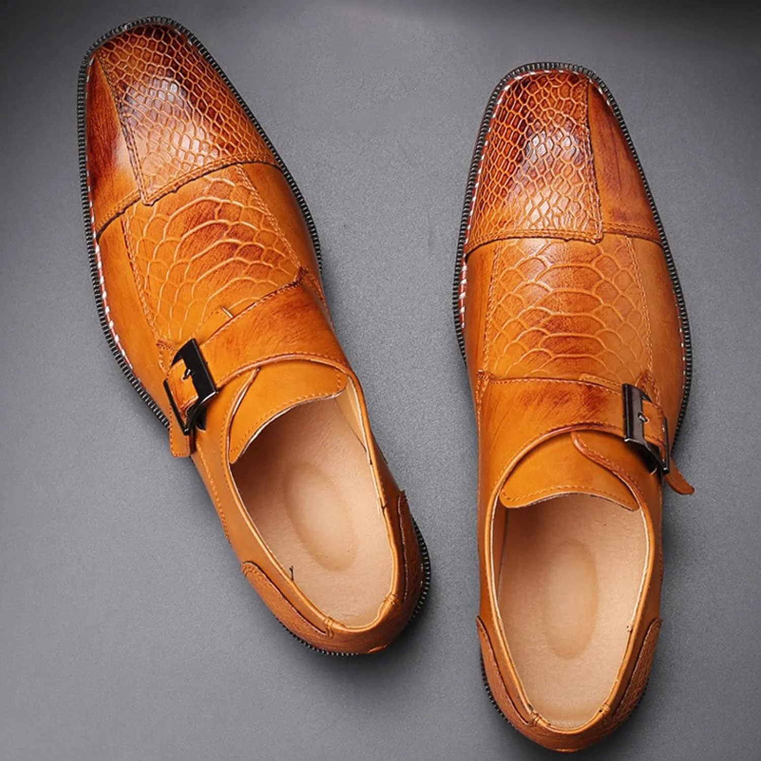 Men's Crocodile Print Hook & Loop Oxfords,Adjustable Metal Buckle Slip-On Pointy Leather Loafer Business Party Wedding Dress Shoes