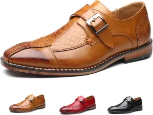 Men's Crocodile Print Hook & Loop Oxfords,Adjustable Metal Buckle Slip-On Pointy Leather Loafer Business Party Wedding Dress Shoes