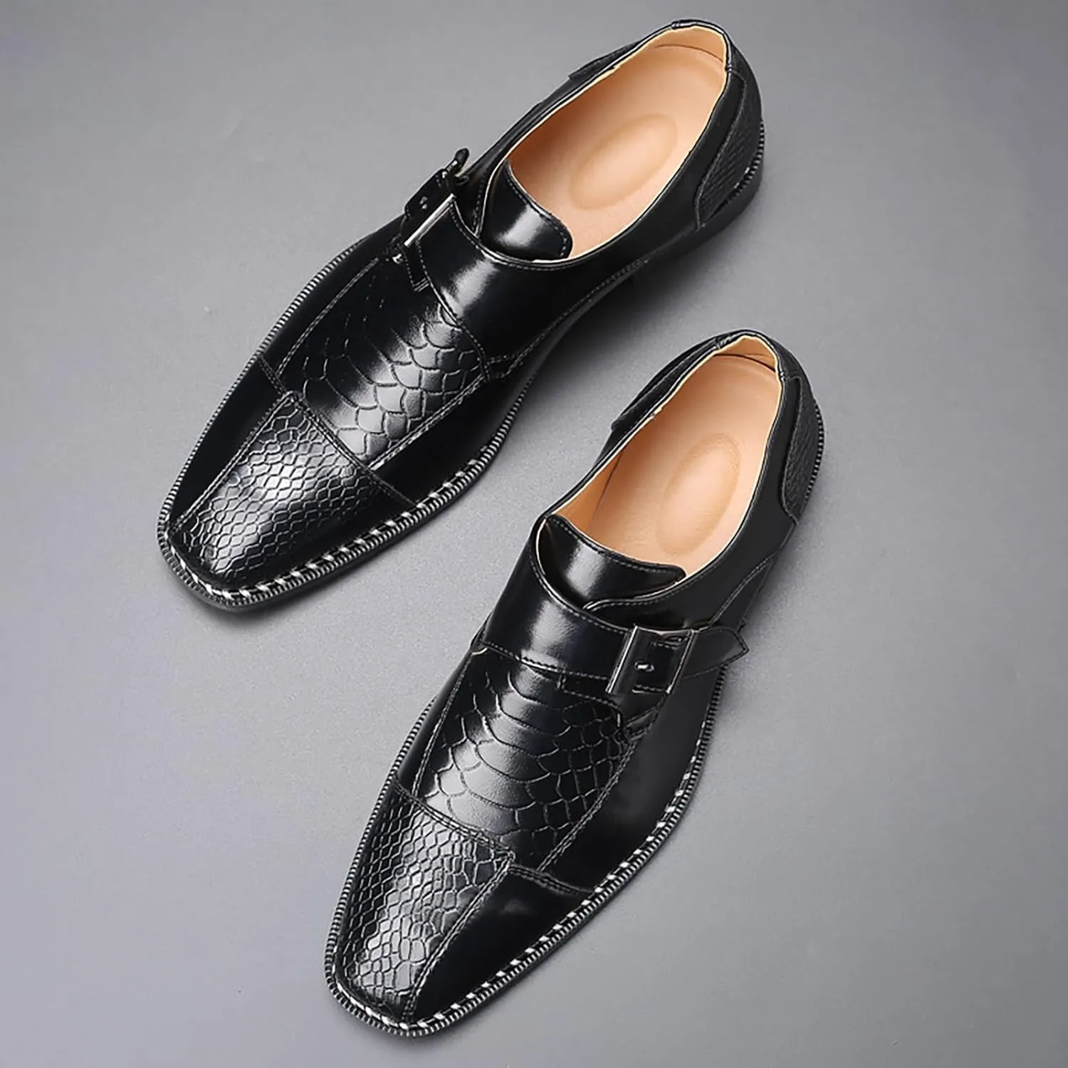 Men's Crocodile Print Hook & Loop Oxfords,Adjustable Metal Buckle Slip-On Pointy Leather Loafer Business Party Wedding Dress Shoes