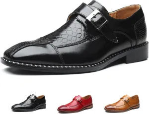 Men's Crocodile Print Hook & Loop Oxfords,Adjustable Metal Buckle Slip-On Pointy Leather Loafer Business Party Wedding Dress Shoes