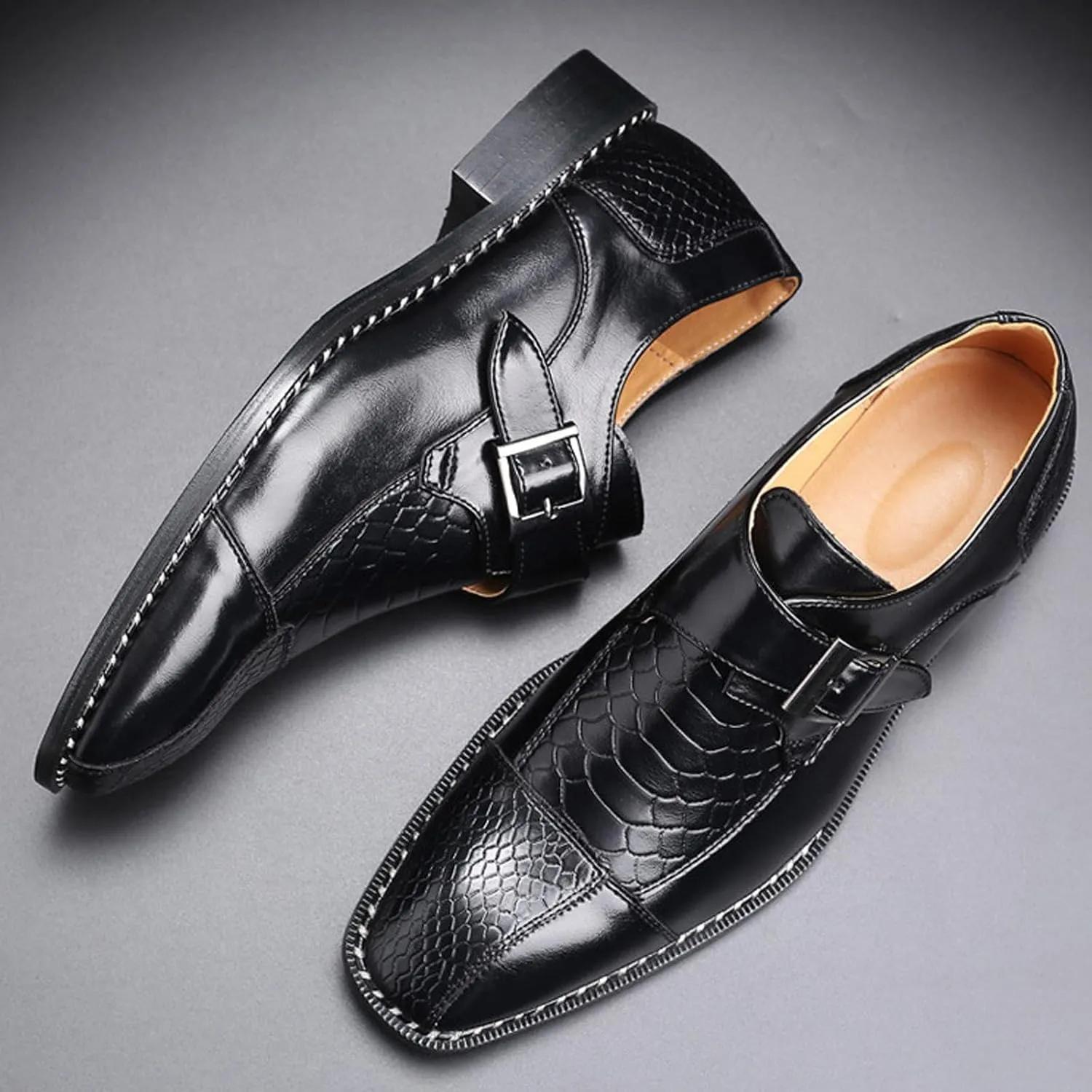 Men's Crocodile Print Hook & Loop Oxfords,Adjustable Metal Buckle Slip-On Pointy Leather Loafer Business Party Wedding Dress Shoes