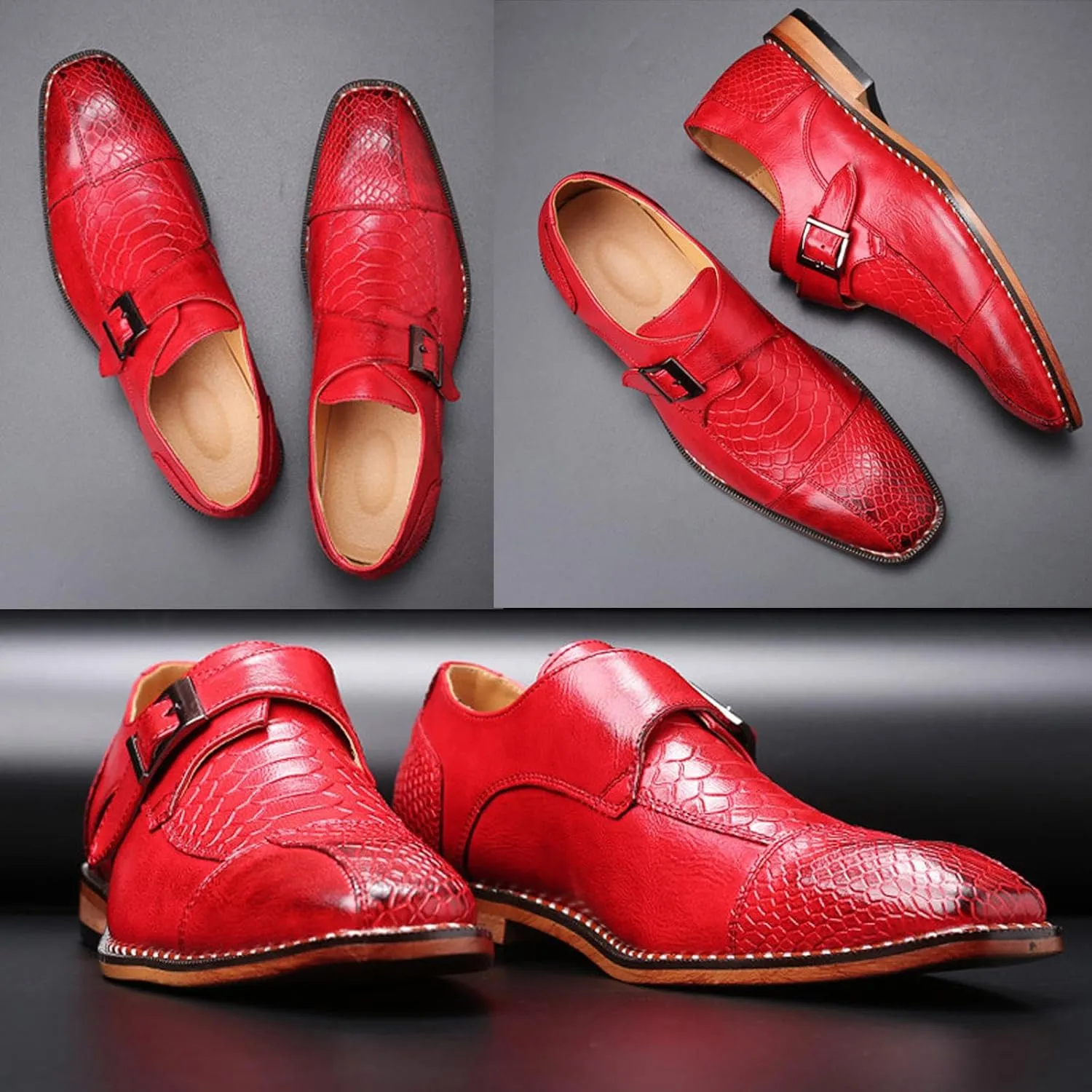Men's Crocodile Print Hook & Loop Oxfords,Adjustable Metal Buckle Slip-On Pointy Leather Loafer Business Party Wedding Dress Shoes