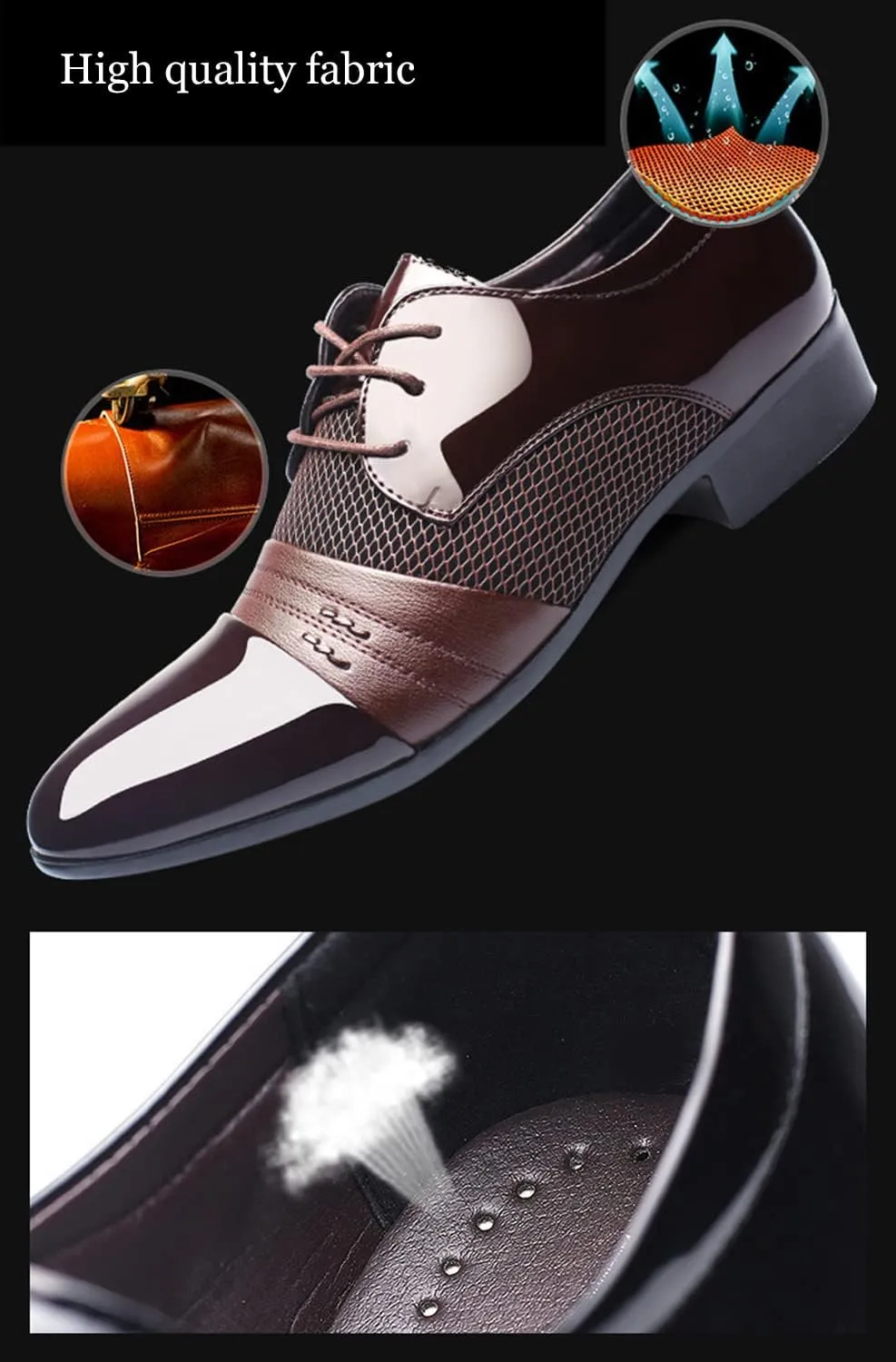 Men's Formal Dress Shoes Pointed Toe Breathable Patchwork Oxfords Lace Up Smart Stylish Shoes