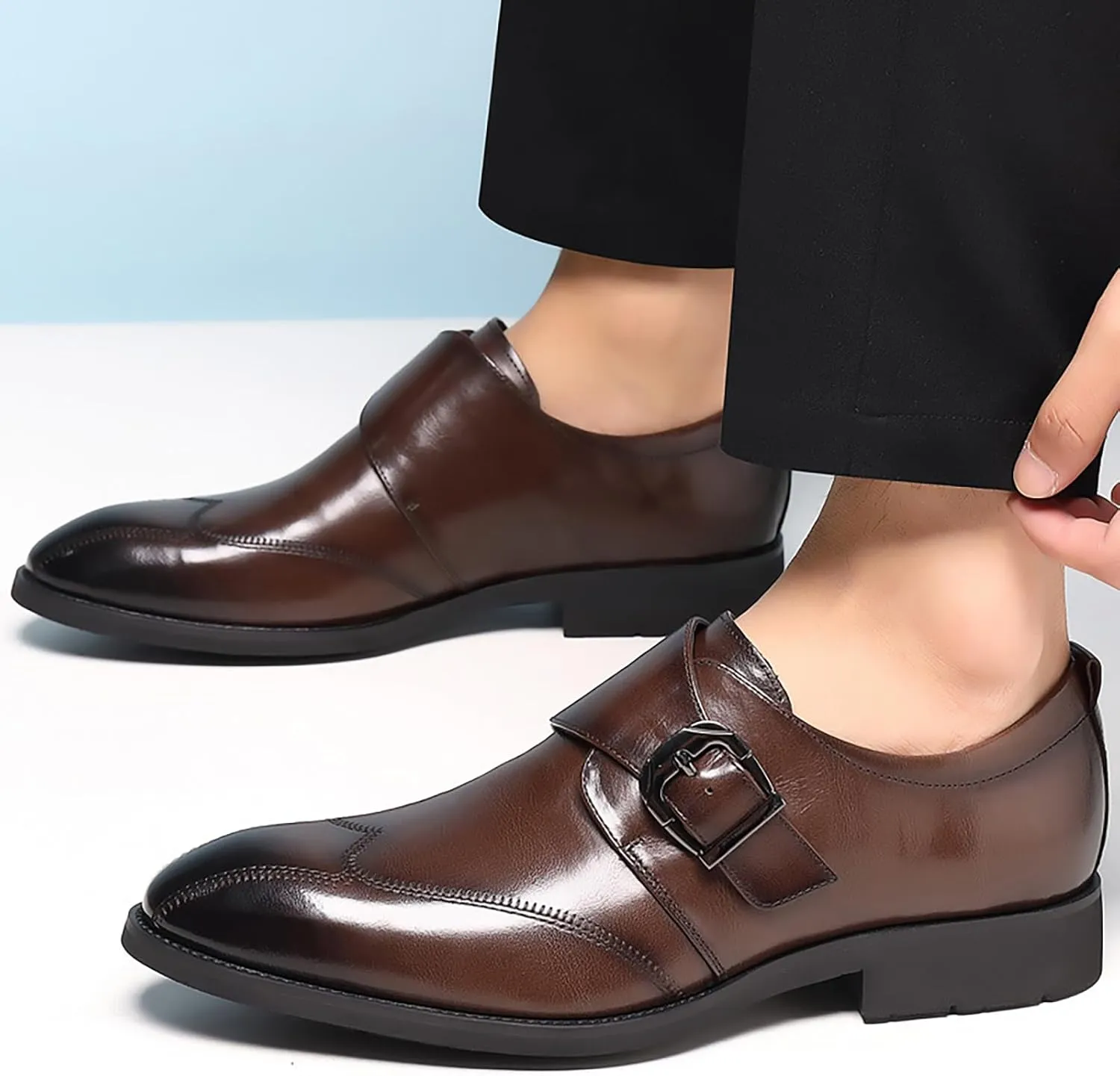 Men's Hook & Loop Classic Formal Oxfords,Fashion Pointed Toe Metal Buckle Slip-On Office Loafers Leather Oxford Handmade Stitching Low Top Block Heel Modern Business Dress Shoes