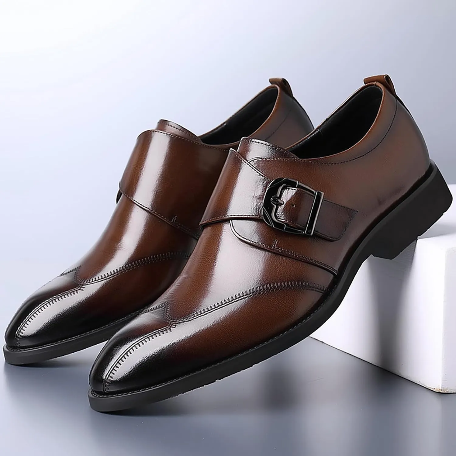 Men's Hook & Loop Classic Formal Oxfords,Fashion Pointed Toe Metal Buckle Slip-On Office Loafers Leather Oxford Handmade Stitching Low Top Block Heel Modern Business Dress Shoes