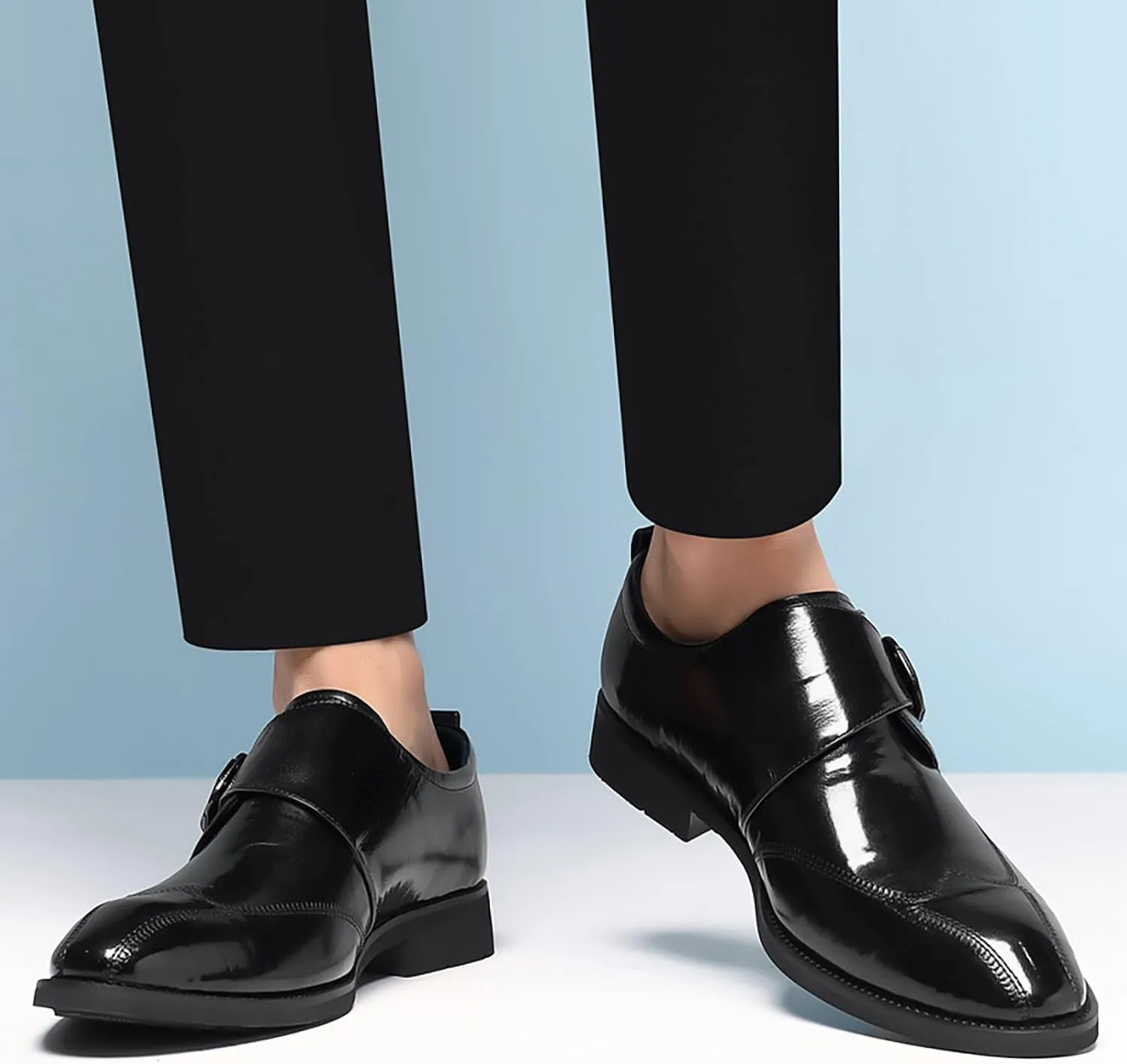 Men's Hook & Loop Classic Formal Oxfords,Fashion Pointed Toe Metal Buckle Slip-On Office Loafers Leather Oxford Handmade Stitching Low Top Block Heel Modern Business Dress Shoes