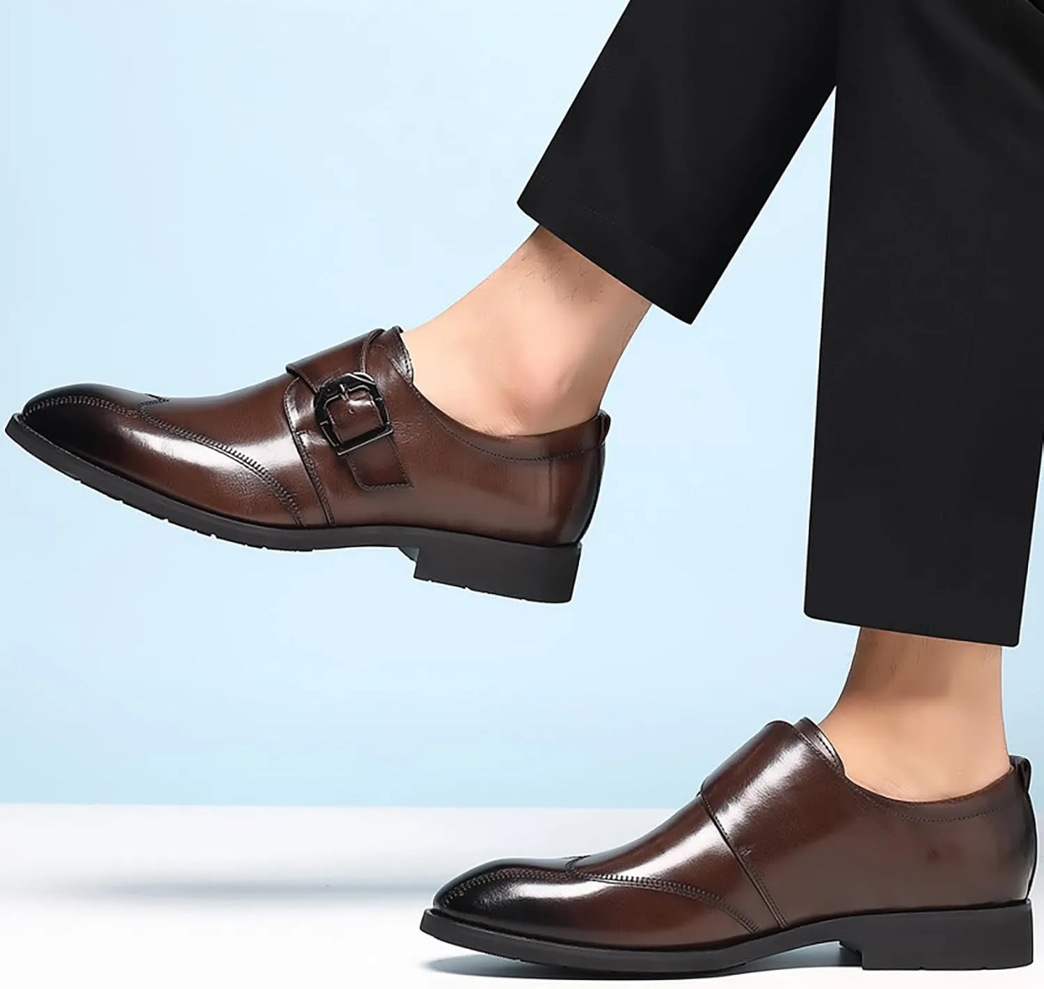 Men's Hook & Loop Classic Formal Oxfords,Fashion Pointed Toe Metal Buckle Slip-On Office Loafers Leather Oxford Handmade Stitching Low Top Block Heel Modern Business Dress Shoes