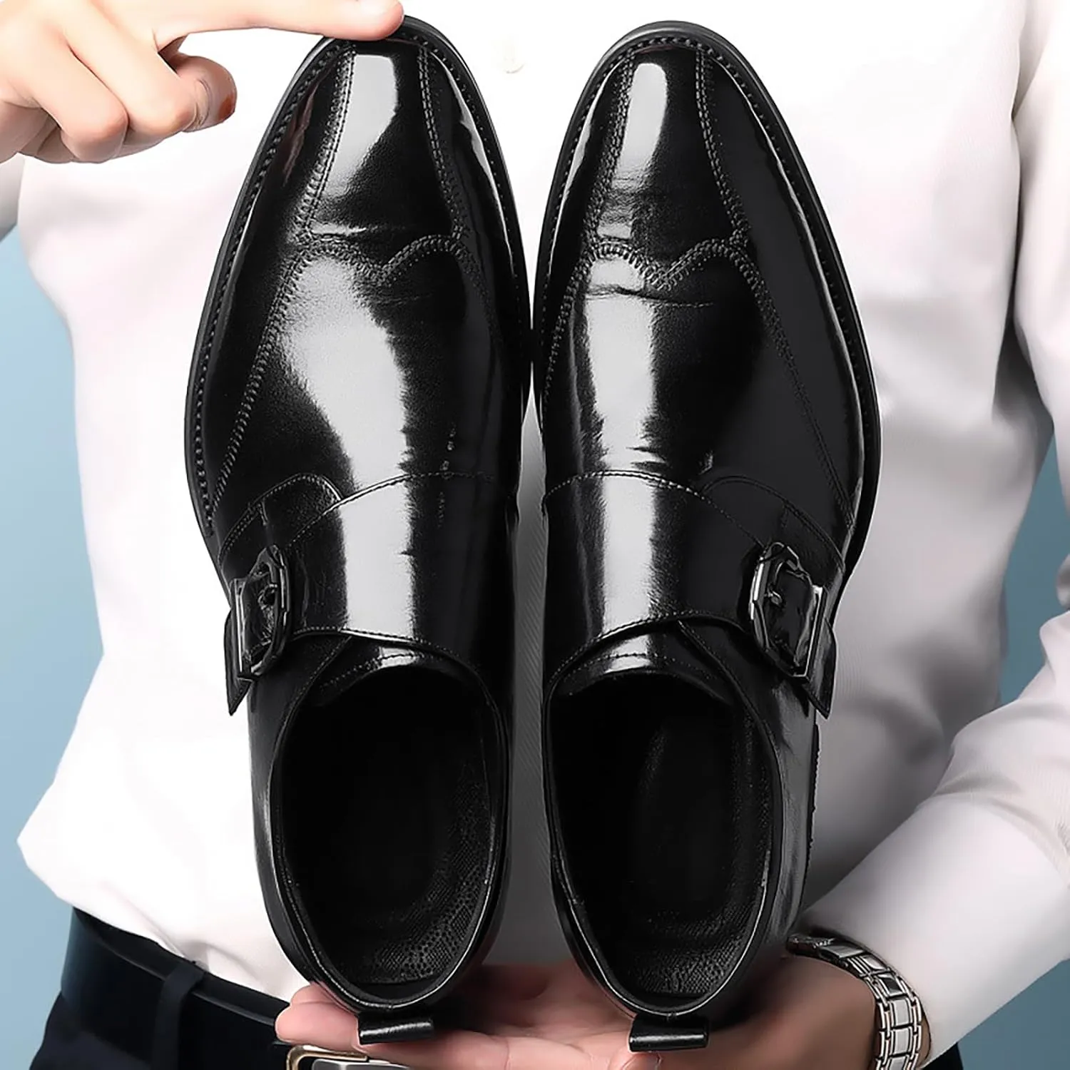 Men's Hook & Loop Classic Formal Oxfords,Fashion Pointed Toe Metal Buckle Slip-On Office Loafers Leather Oxford Handmade Stitching Low Top Block Heel Modern Business Dress Shoes