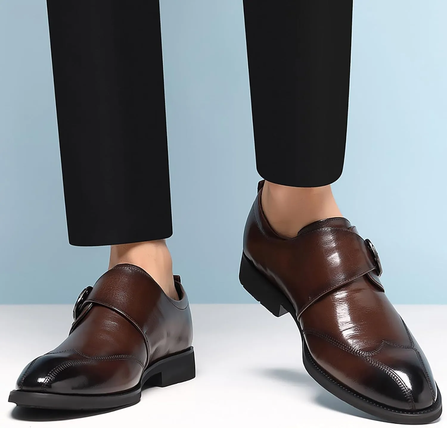 Men's Hook & Loop Classic Formal Oxfords,Fashion Pointed Toe Metal Buckle Slip-On Office Loafers Leather Oxford Handmade Stitching Low Top Block Heel Modern Business Dress Shoes