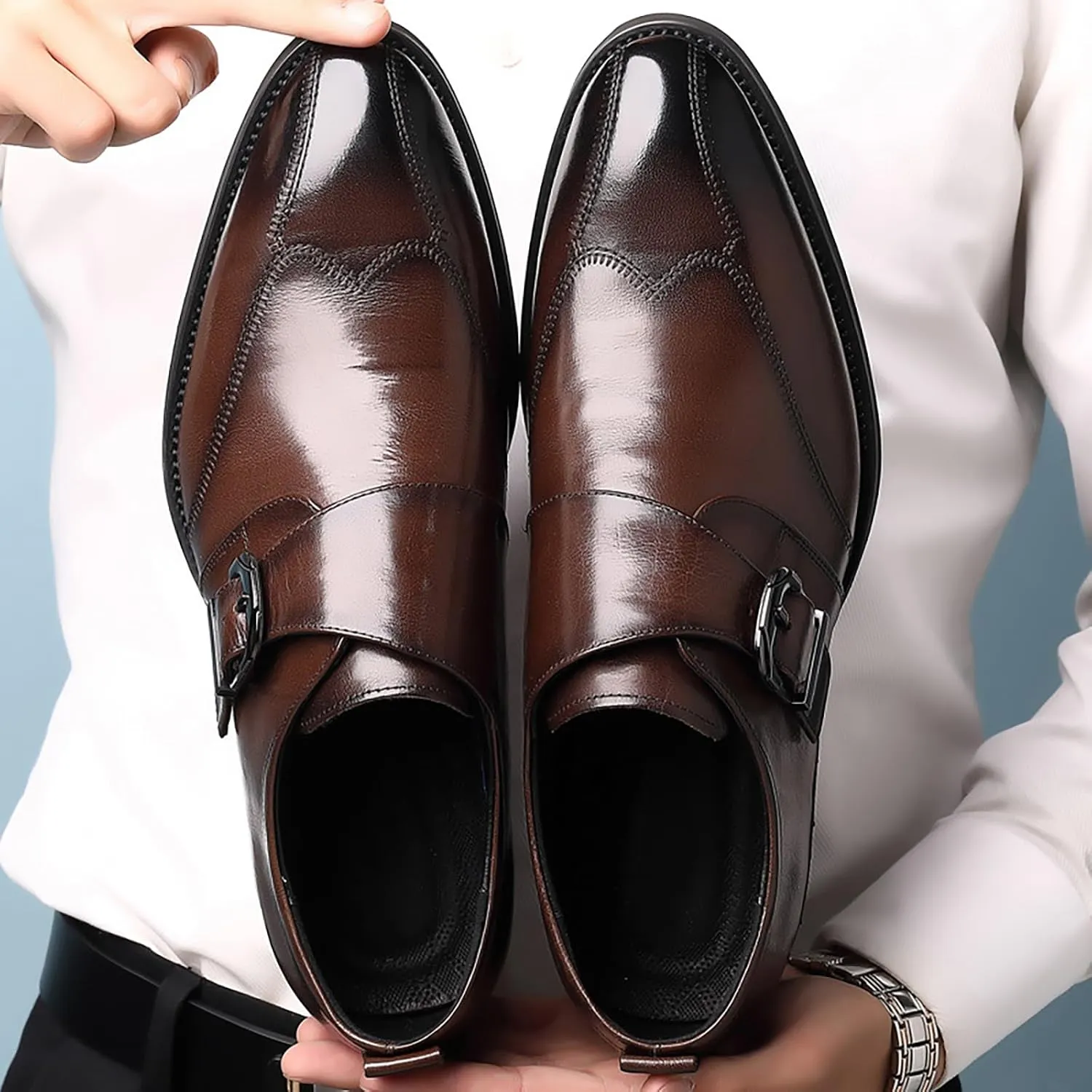 Men's Hook & Loop Classic Formal Oxfords,Fashion Pointed Toe Metal Buckle Slip-On Office Loafers Leather Oxford Handmade Stitching Low Top Block Heel Modern Business Dress Shoes