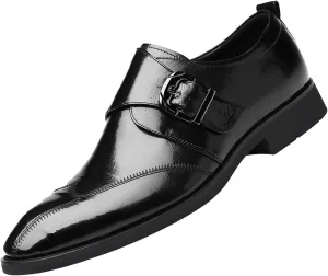 Men's Hook & Loop Classic Formal Oxfords,Fashion Pointed Toe Metal Buckle Slip-On Office Loafers Leather Oxford Handmade Stitching Low Top Block Heel Modern Business Dress Shoes