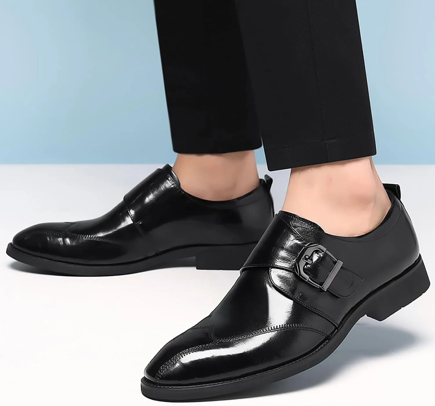 Men's Hook & Loop Classic Formal Oxfords,Fashion Pointed Toe Metal Buckle Slip-On Office Loafers Leather Oxford Handmade Stitching Low Top Block Heel Modern Business Dress Shoes