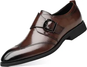 Men's Hook & Loop Classic Formal Oxfords,Fashion Pointed Toe Metal Buckle Slip-On Office Loafers Leather Oxford Handmade Stitching Low Top Block Heel Modern Business Dress Shoes