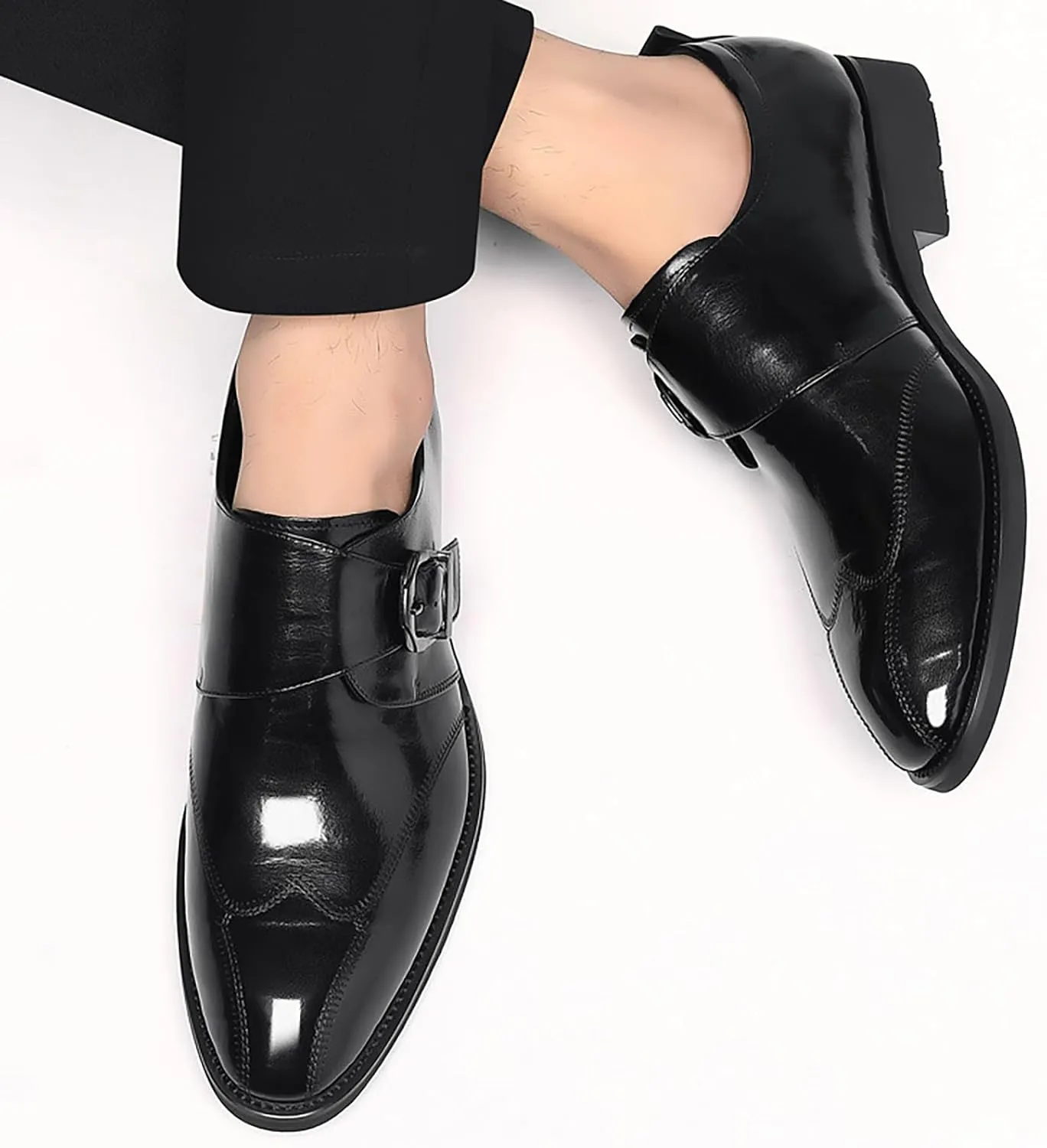 Men's Hook & Loop Classic Formal Oxfords,Fashion Pointed Toe Metal Buckle Slip-On Office Loafers Leather Oxford Handmade Stitching Low Top Block Heel Modern Business Dress Shoes