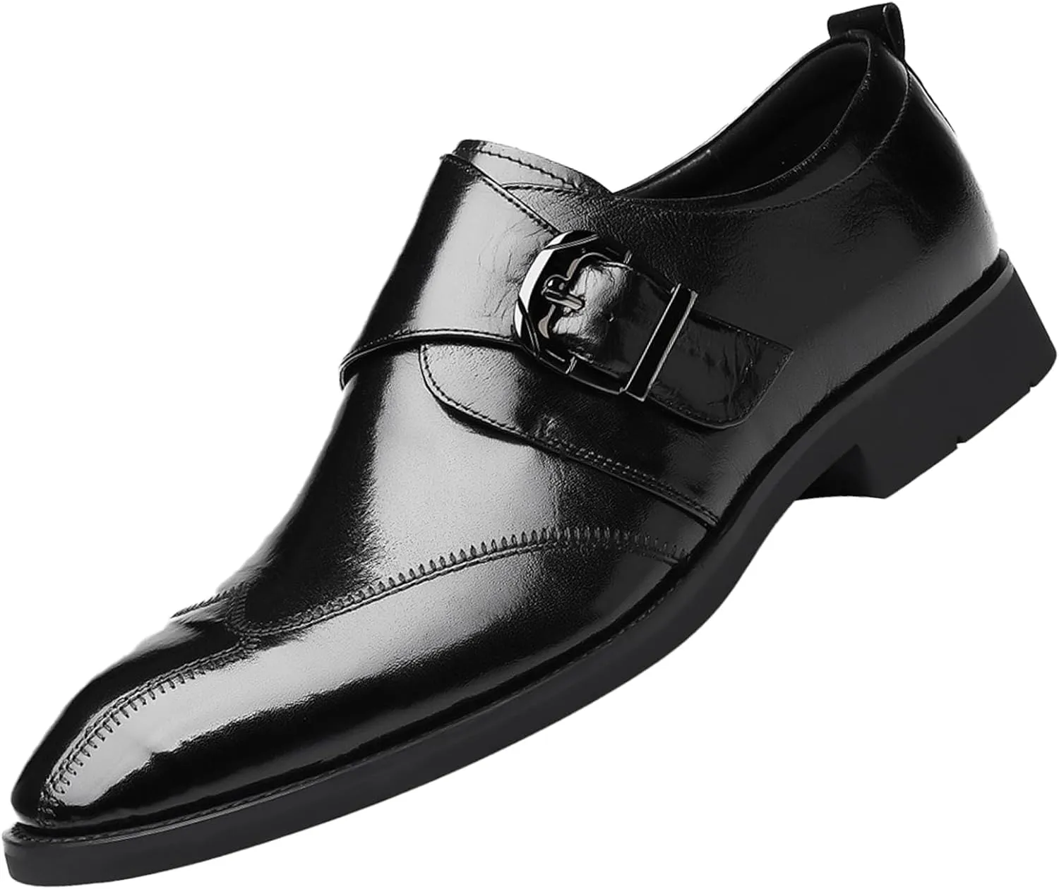 Men's Hook & Loop Classic Formal Oxfords,Fashion Pointed Toe Metal Buckle Slip-On Office Loafers Leather Oxford Handmade Stitching Low Top Block Heel Modern Business Dress Shoes