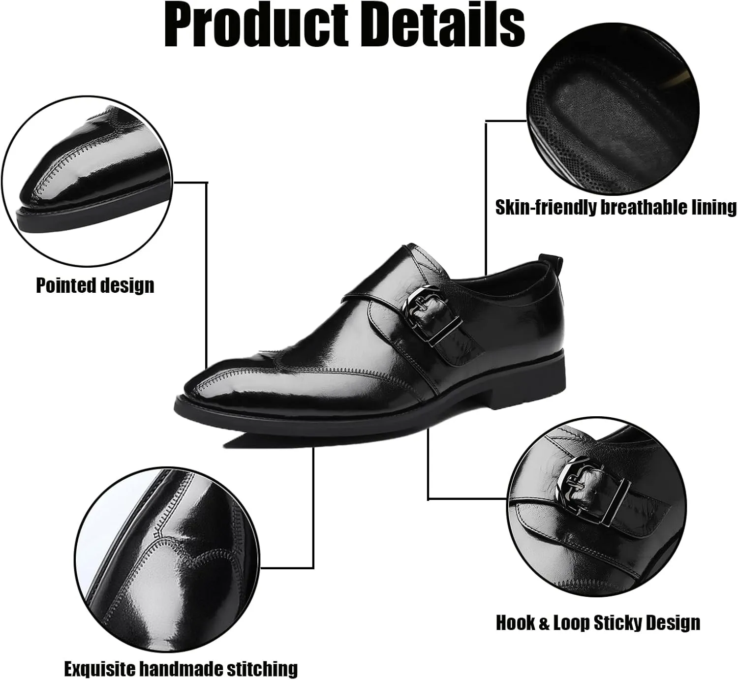 Men's Hook & Loop Classic Formal Oxfords,Fashion Pointed Toe Metal Buckle Slip-On Office Loafers Leather Oxford Handmade Stitching Low Top Block Heel Modern Business Dress Shoes