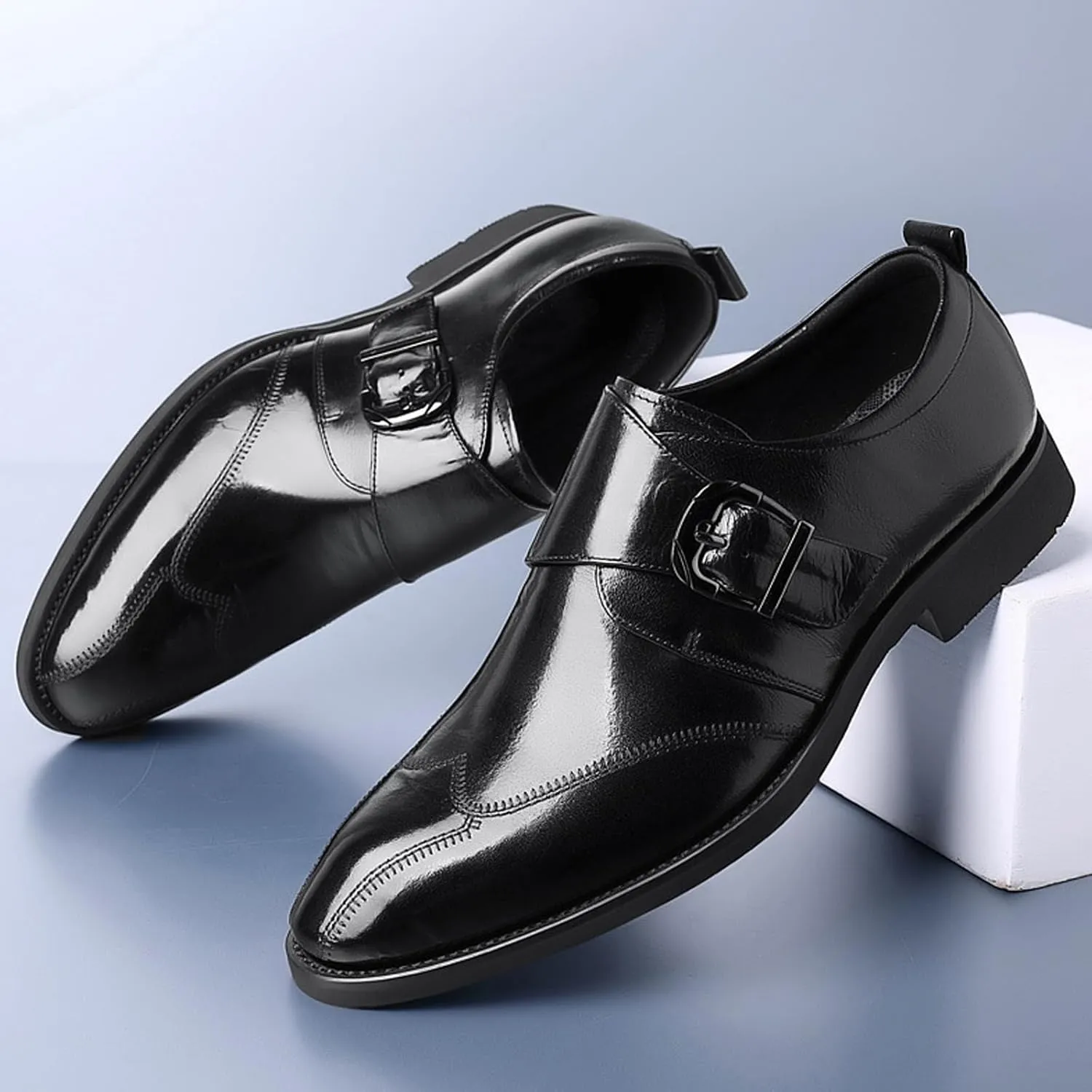 Men's Hook & Loop Classic Formal Oxfords,Fashion Pointed Toe Metal Buckle Slip-On Office Loafers Leather Oxford Handmade Stitching Low Top Block Heel Modern Business Dress Shoes