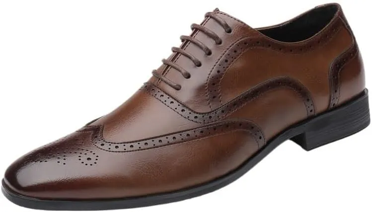 Men's Leather Brogues Dress Oxford Shoes - Lace-Up Casual Retro Wingtip Prom Shoes, Pointed Toe Business Formal