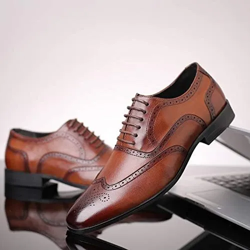 Men's Leather Brogues Dress Oxford Shoes - Lace-Up Casual Retro Wingtip Prom Shoes, Pointed Toe Business Formal