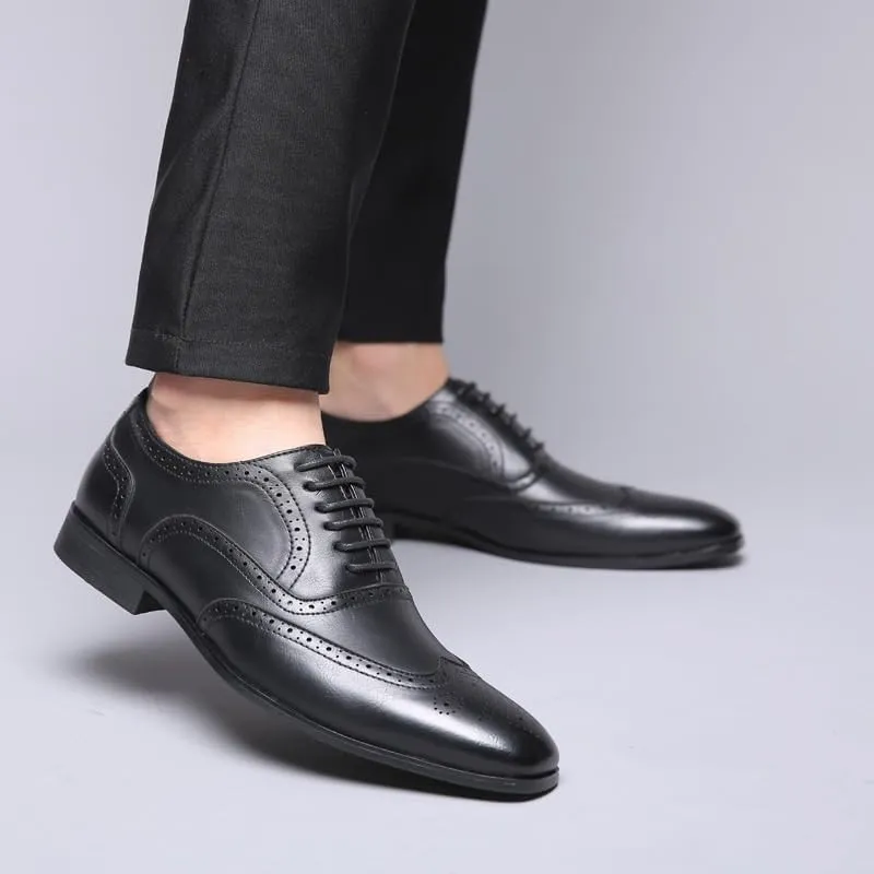 Men's Leather Brogues Dress Oxford Shoes - Lace-Up Casual Retro Wingtip Prom Shoes, Pointed Toe Business Formal