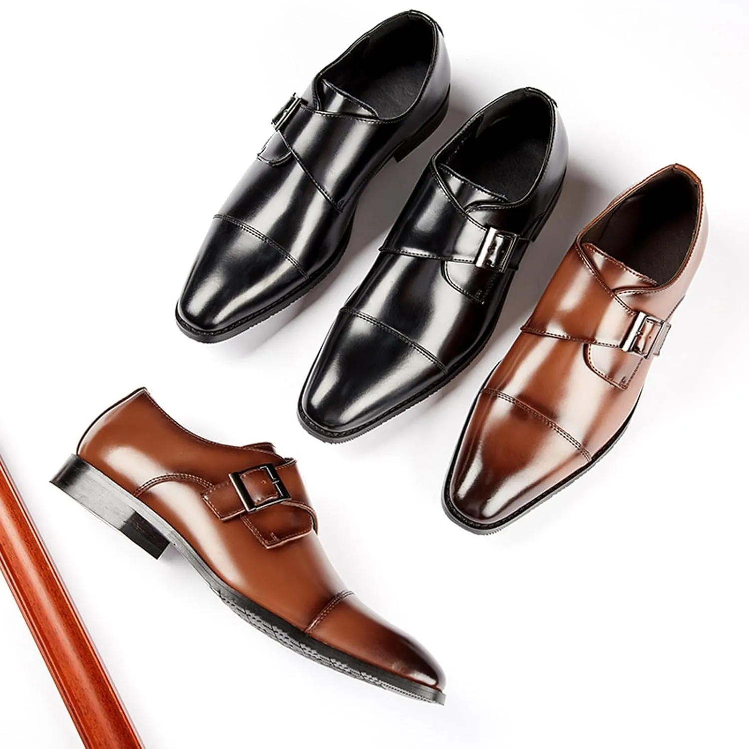 Men's Leather Buckle Monk Strap Loafers Fashion Classic Cap Toe Low Top Comfortable Slip-On Dress Oxfords Business Casual Party Office Formal Shoes