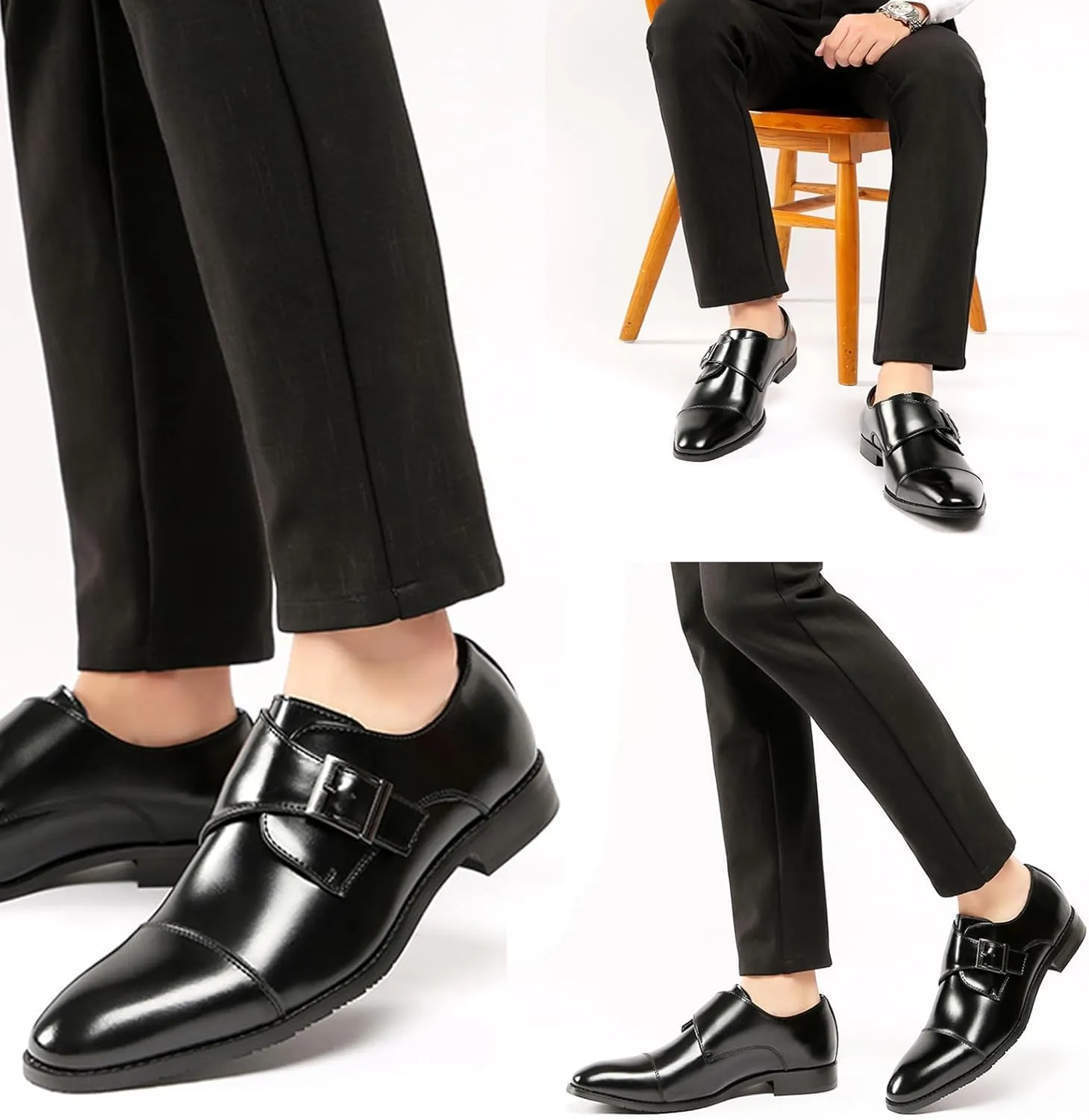 Men's Leather Buckle Monk Strap Loafers Fashion Classic Cap Toe Low Top Comfortable Slip-On Dress Oxfords Business Casual Party Office Formal Shoes