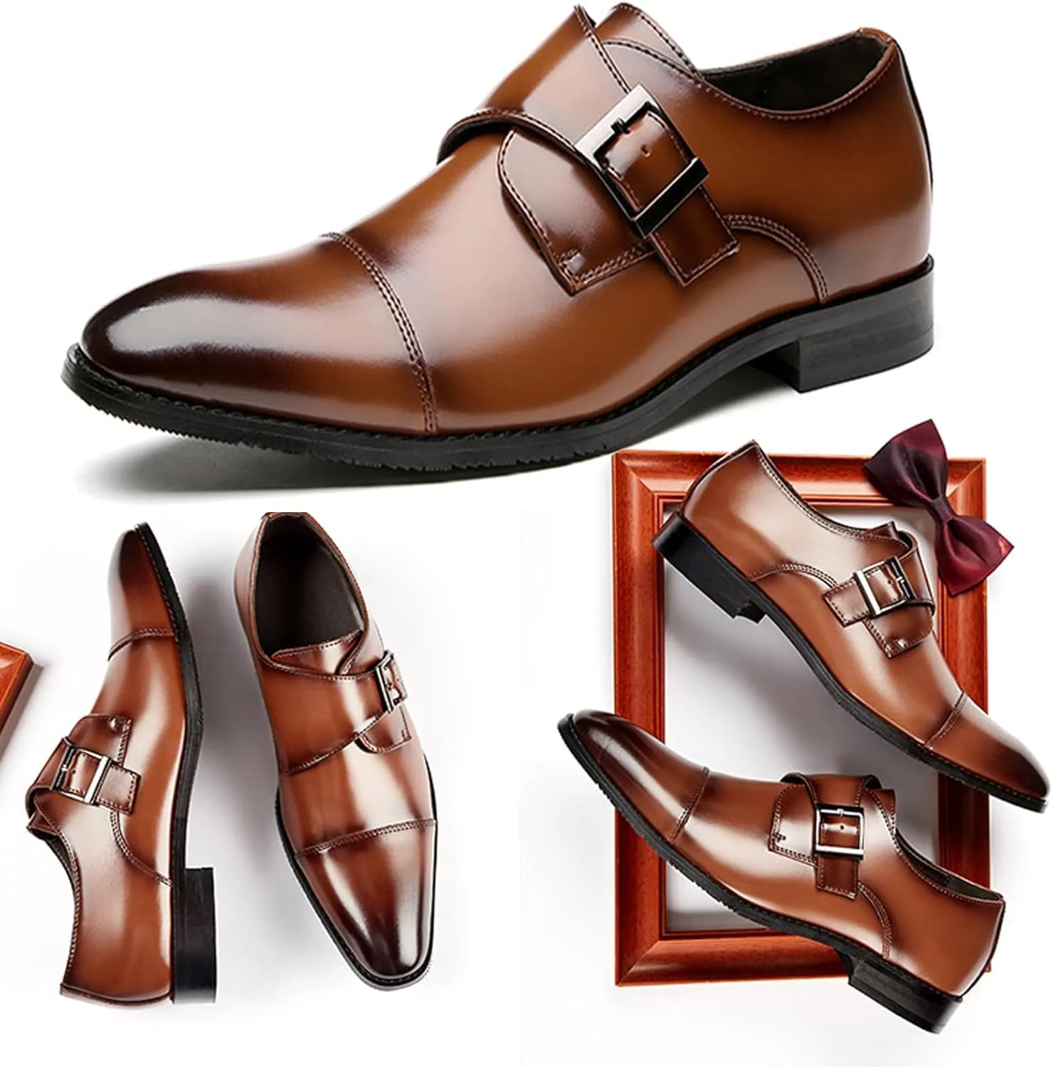 Men's Leather Buckle Monk Strap Loafers Fashion Classic Cap Toe Low Top Comfortable Slip-On Dress Oxfords Business Casual Party Office Formal Shoes
