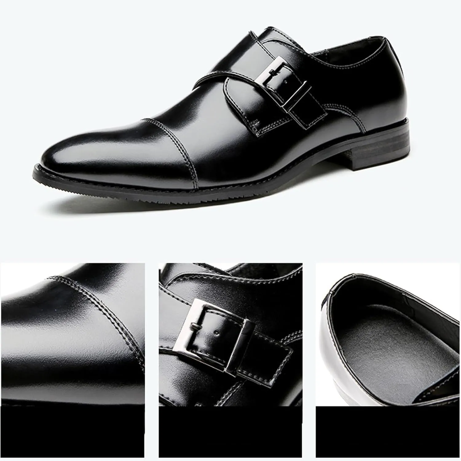 Men's Leather Buckle Monk Strap Loafers Fashion Classic Cap Toe Low Top Comfortable Slip-On Dress Oxfords Business Casual Party Office Formal Shoes
